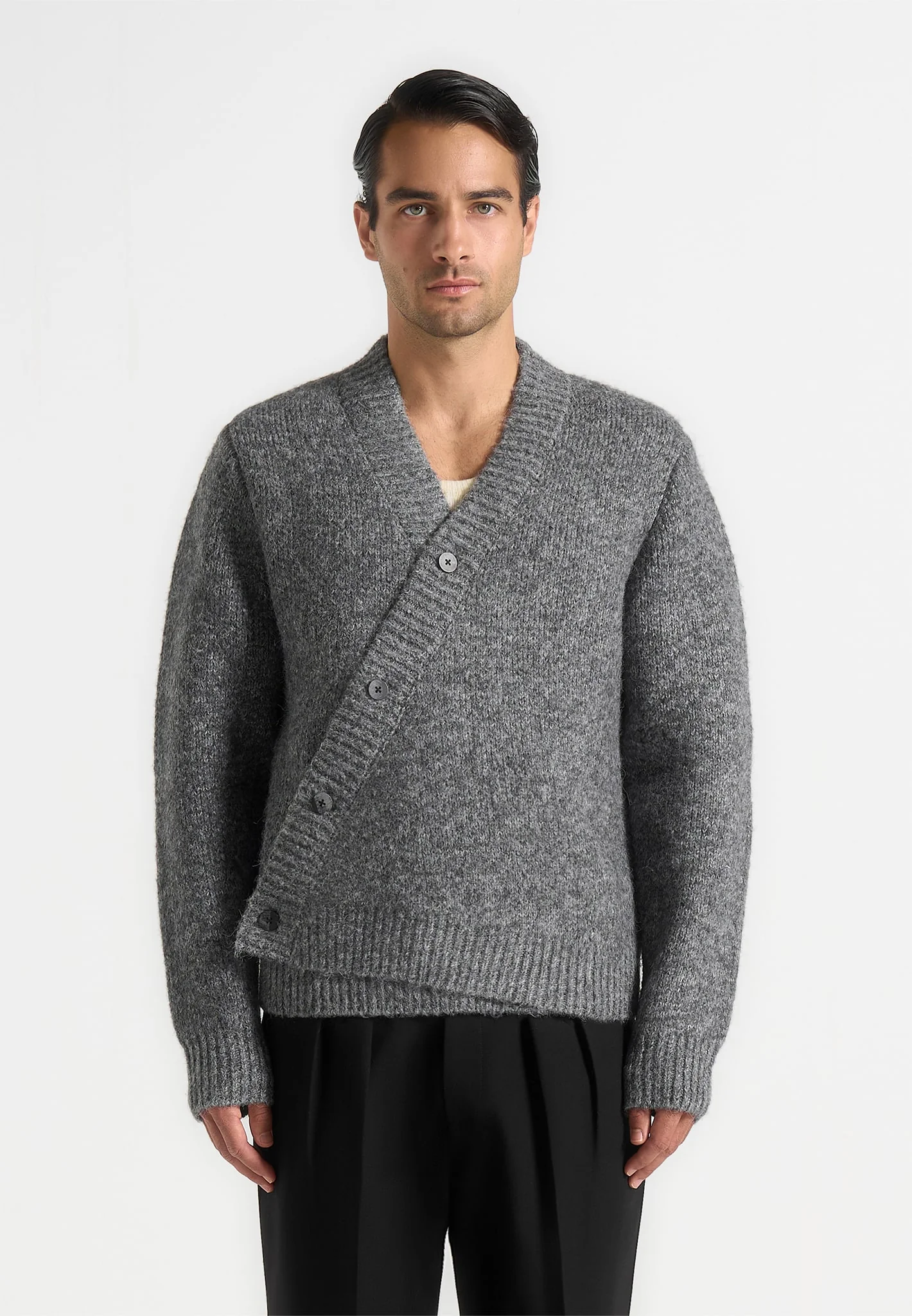 Dani - Unisex Asymmetric Brushed Knit Cardigan - Grey - Image 7