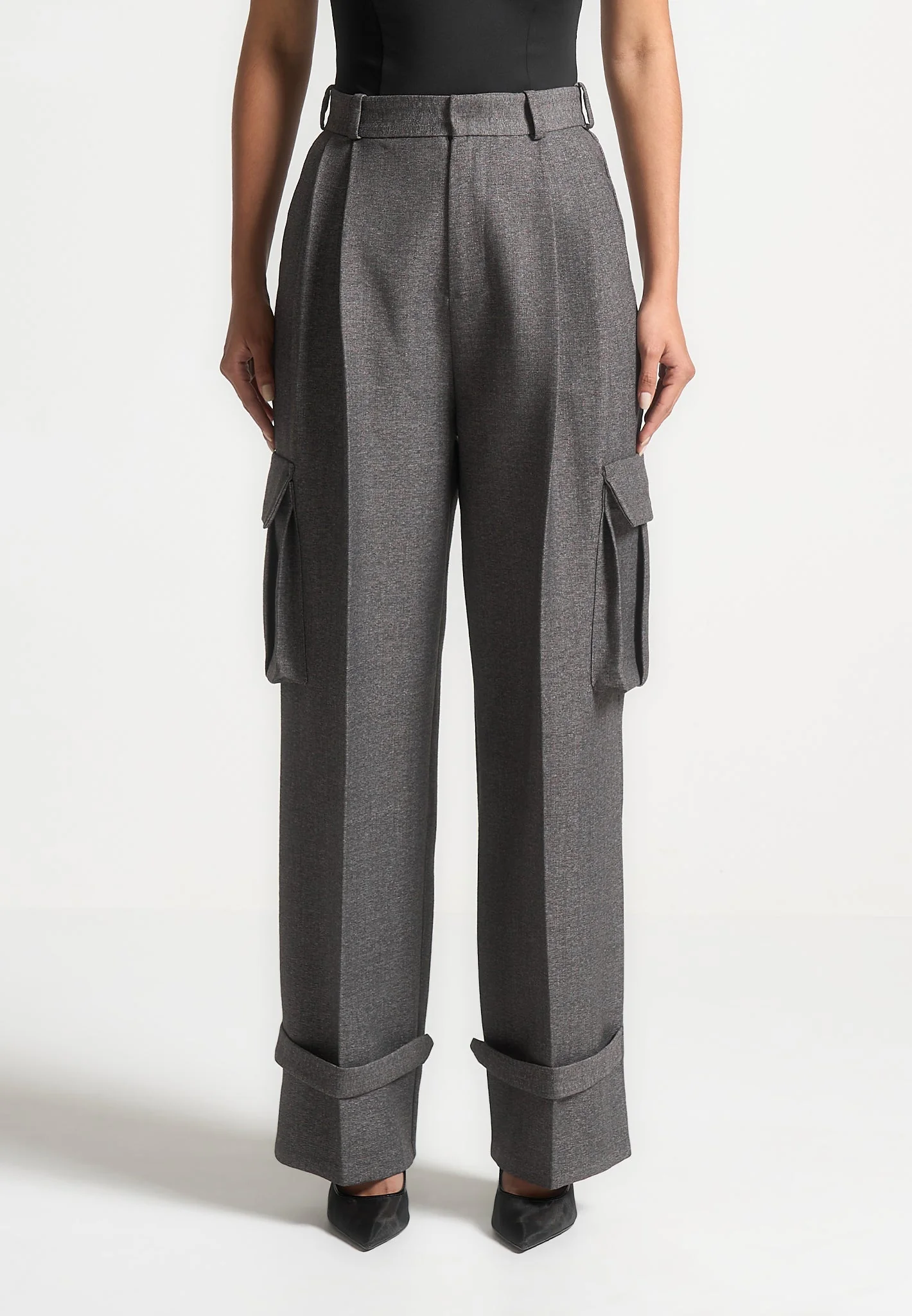 Danielle - Textured Tailored Pleated Cargo Trousers - Grey Marl - Image 3