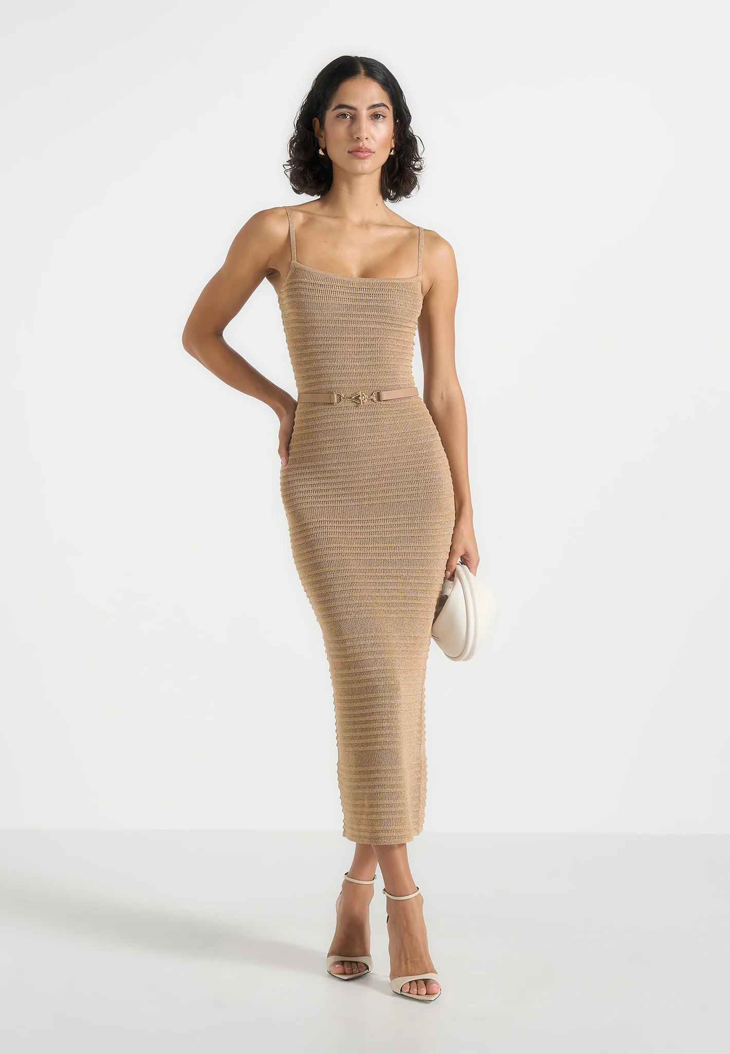 Danika - Metallic Rib Knit Belted Midi Dress - Gold