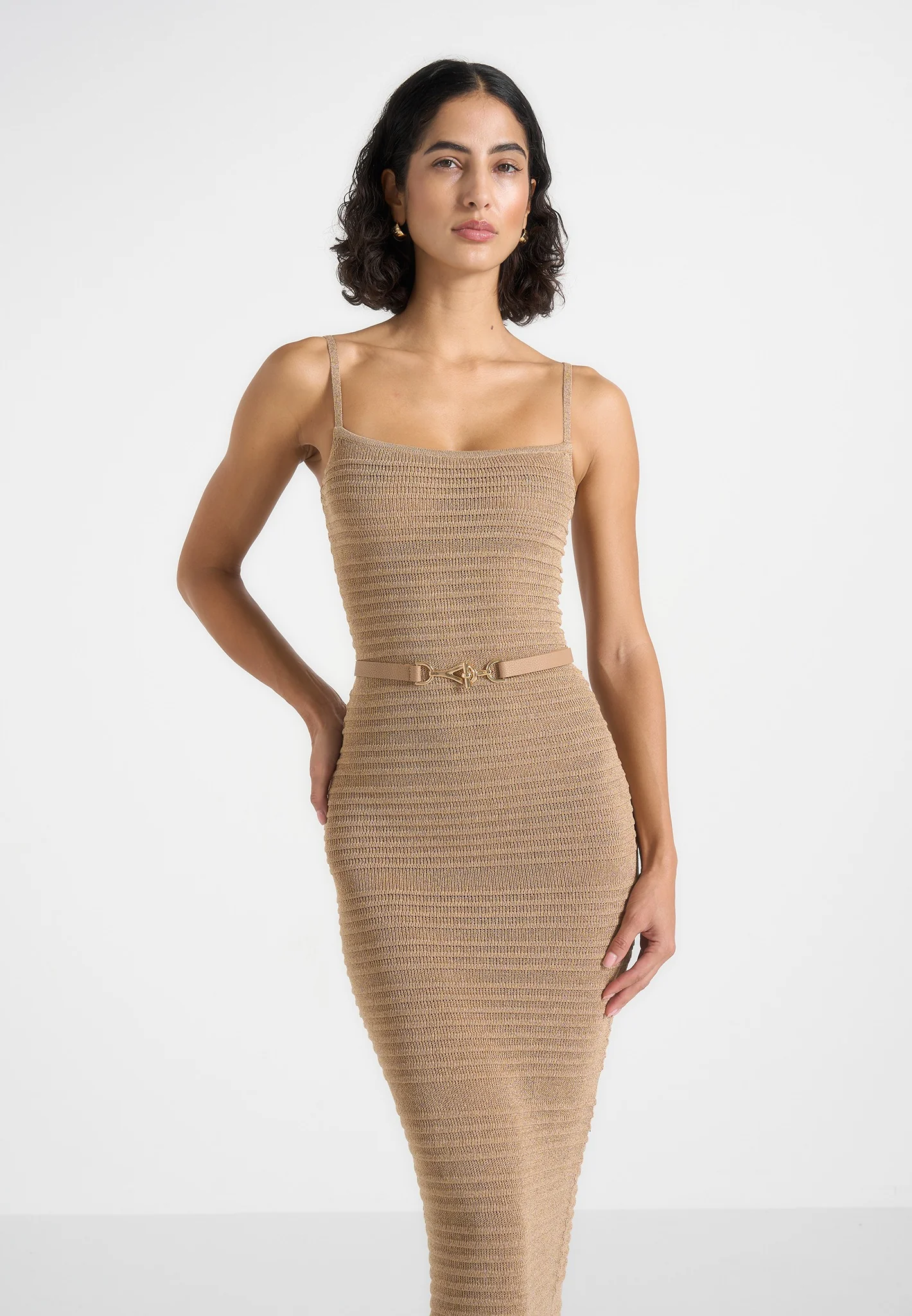 Danika - Metallic Rib Knit Belted Midi Dress - Gold - Image 2