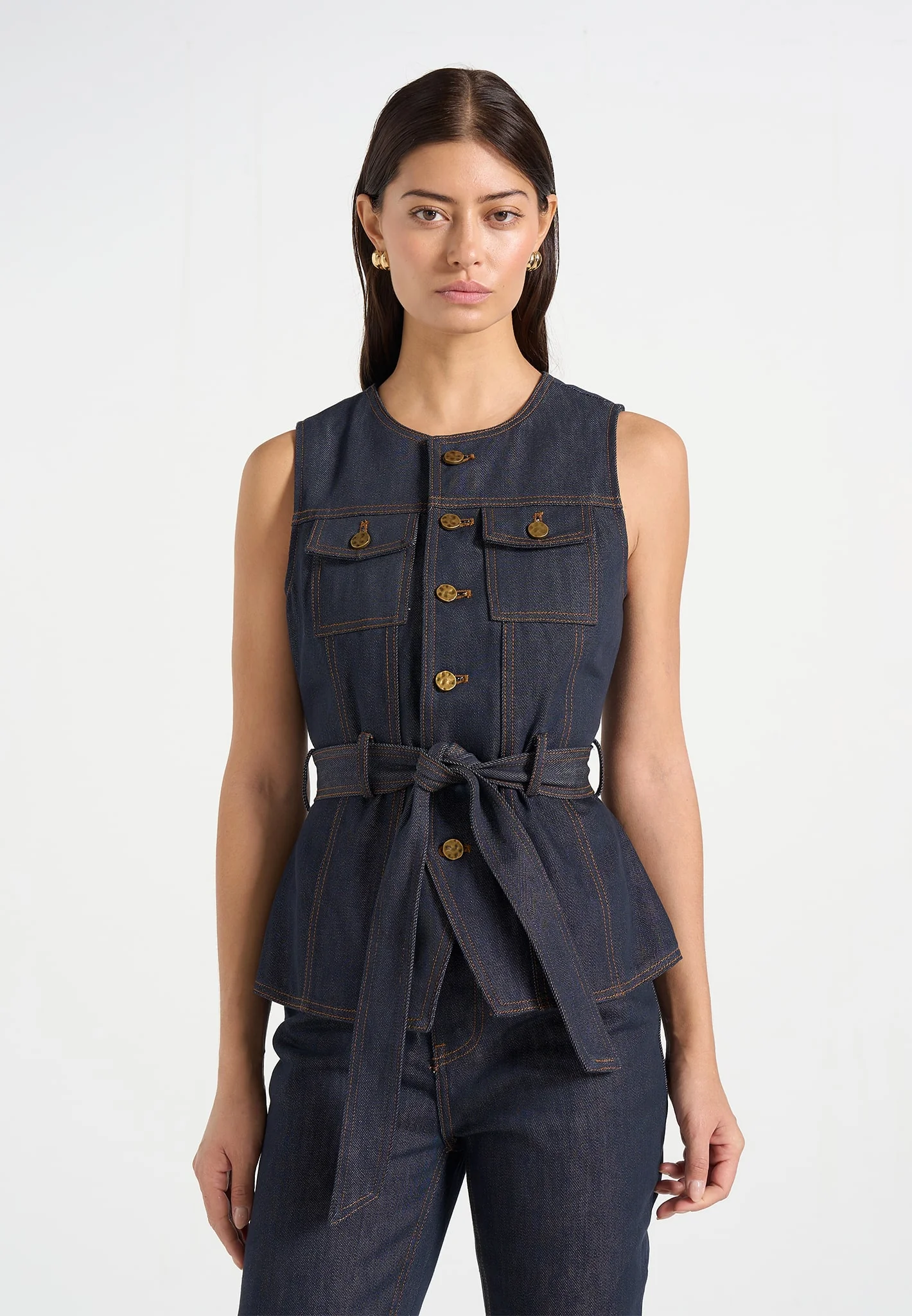 Darcy - Crew Neck Denim Waistcoat - Polished Indigo