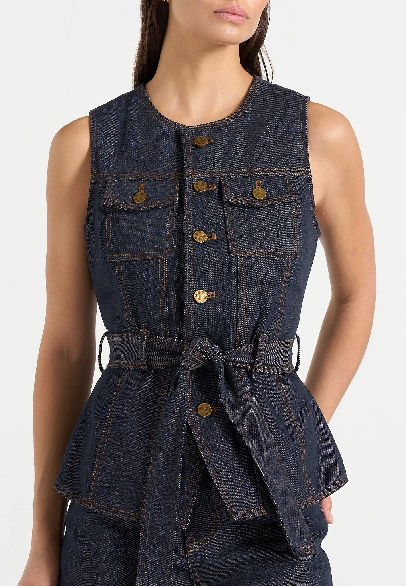 Darcy - Crew Neck Denim Waistcoat - Polished Indigo - Image 3