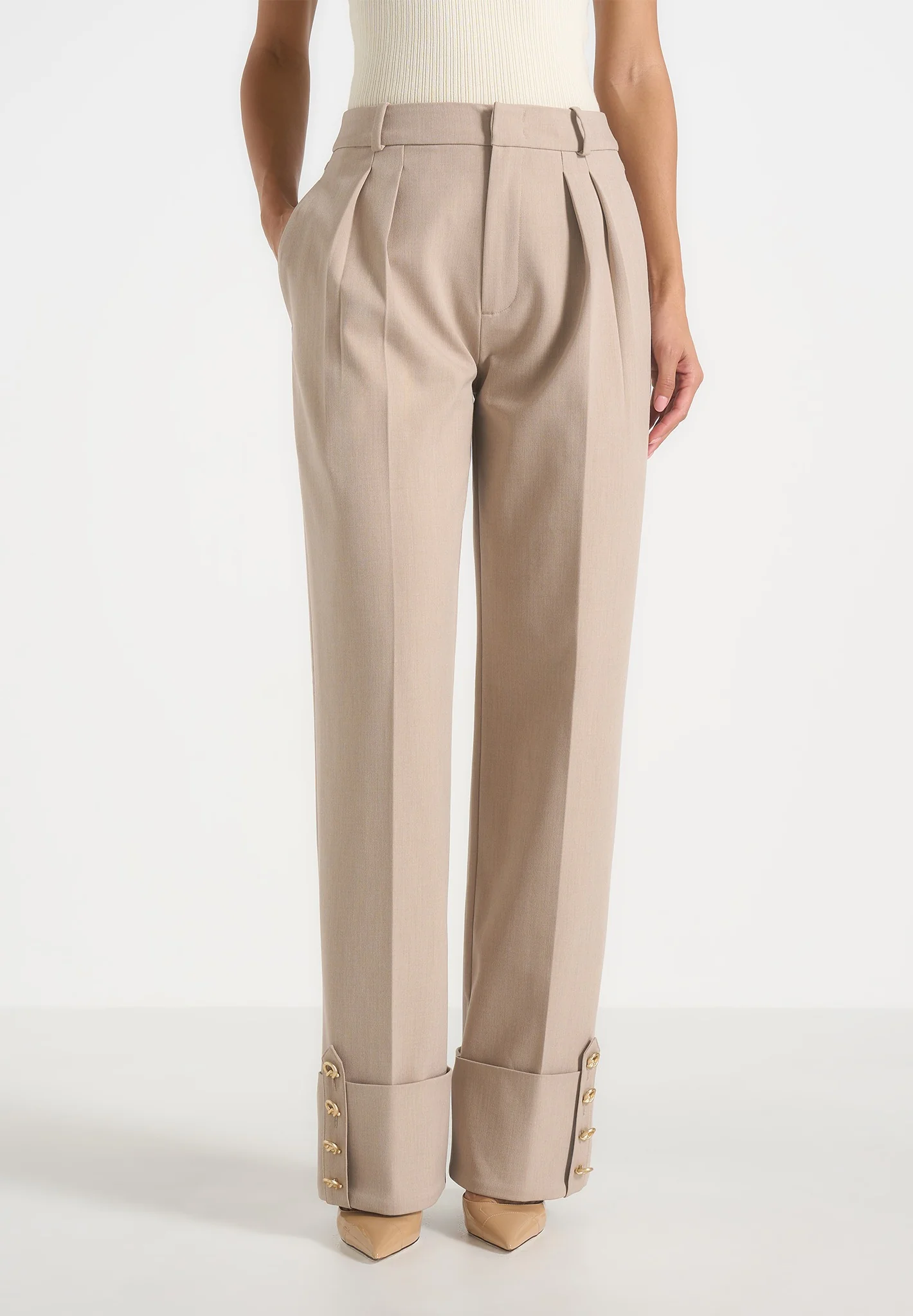 Darlene - Turn Up Detail Tailored Twin Pleat Trousers - Beige