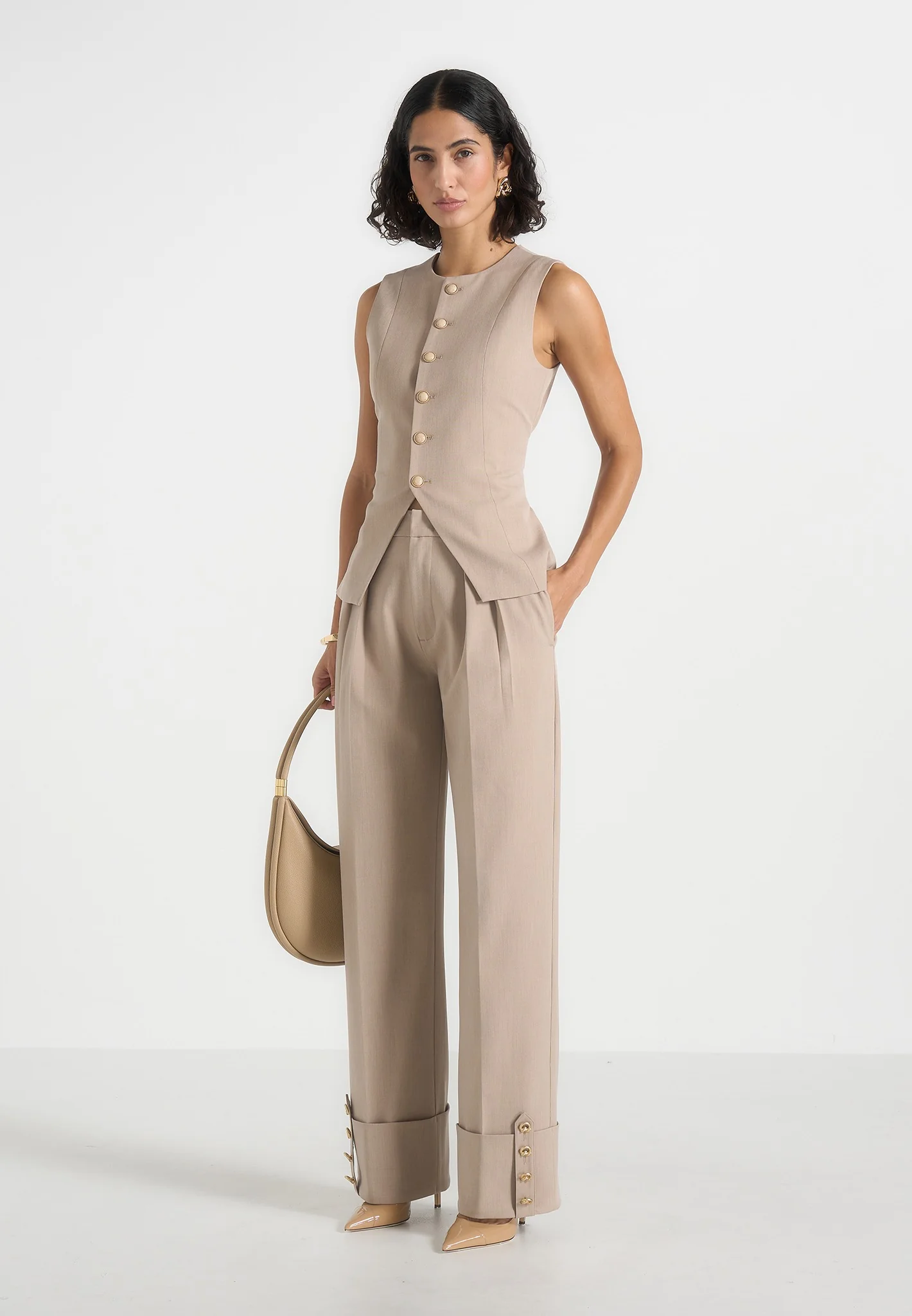 Darlene - Turn Up Detail Tailored Twin Pleat Trousers - Beige - Image 2