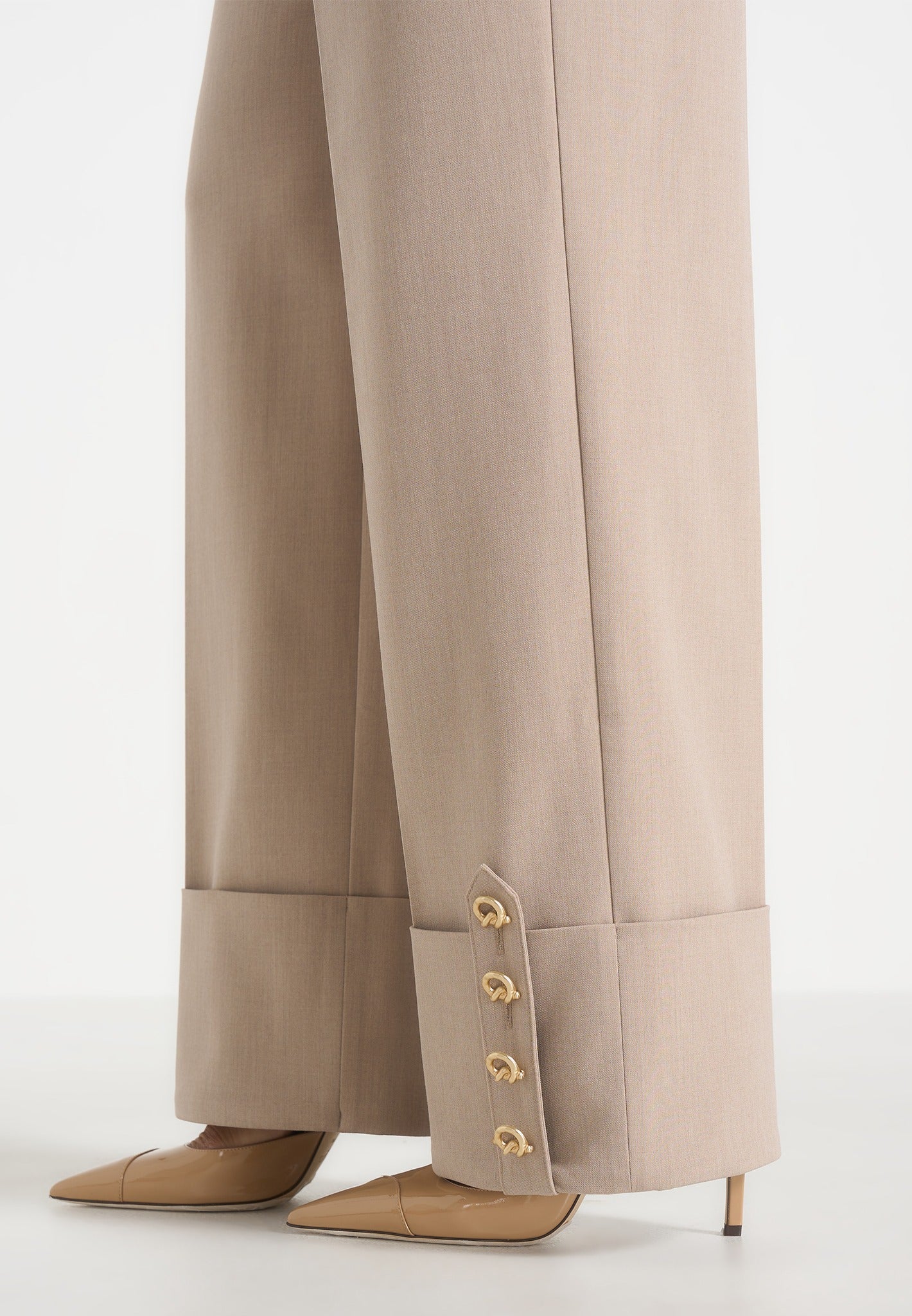 Darlene - Turn Up Detail Tailored Twin Pleat Trousers - Beige - Image 3