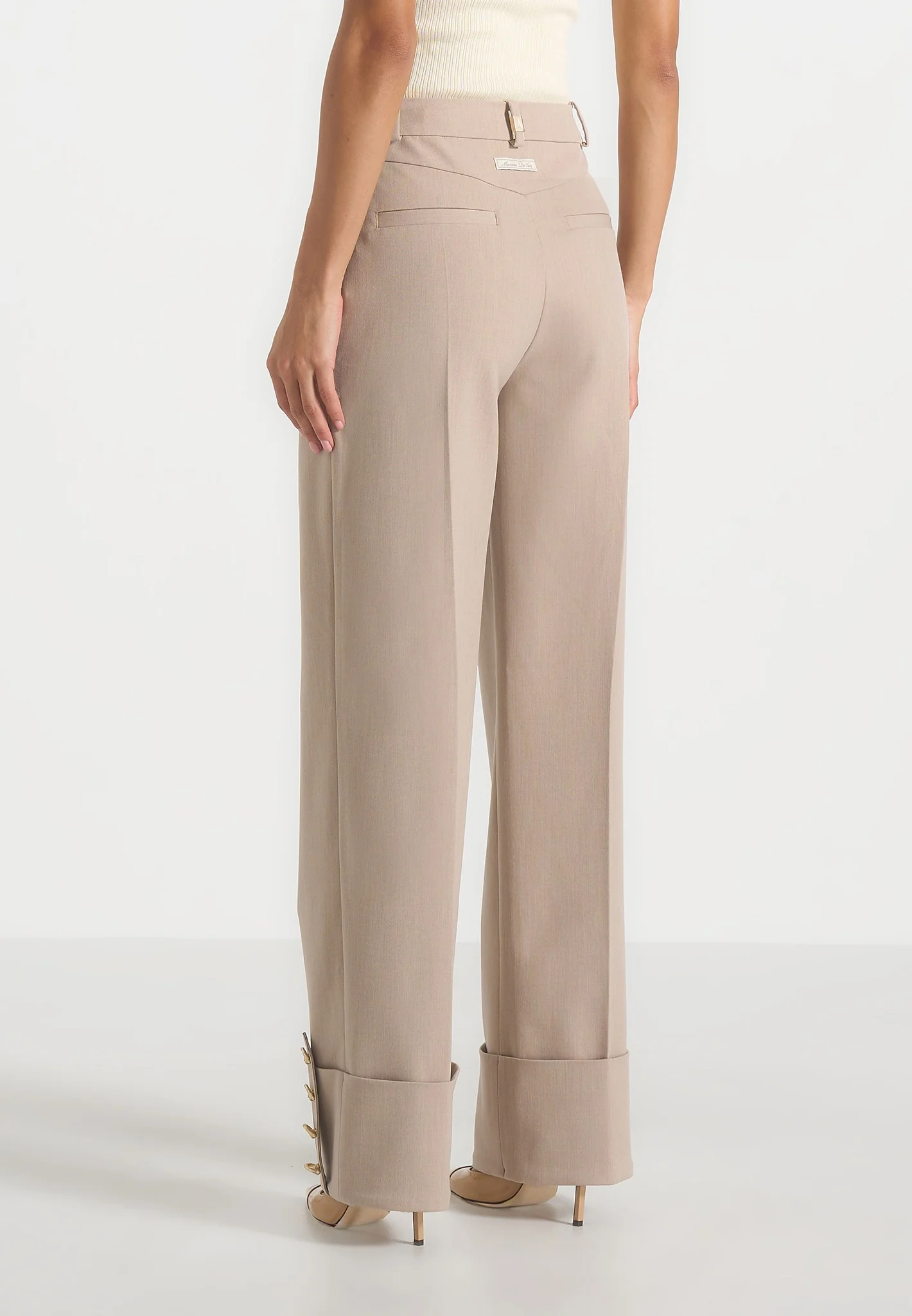 Darlene - Turn Up Detail Tailored Twin Pleat Trousers - Beige - Image 6