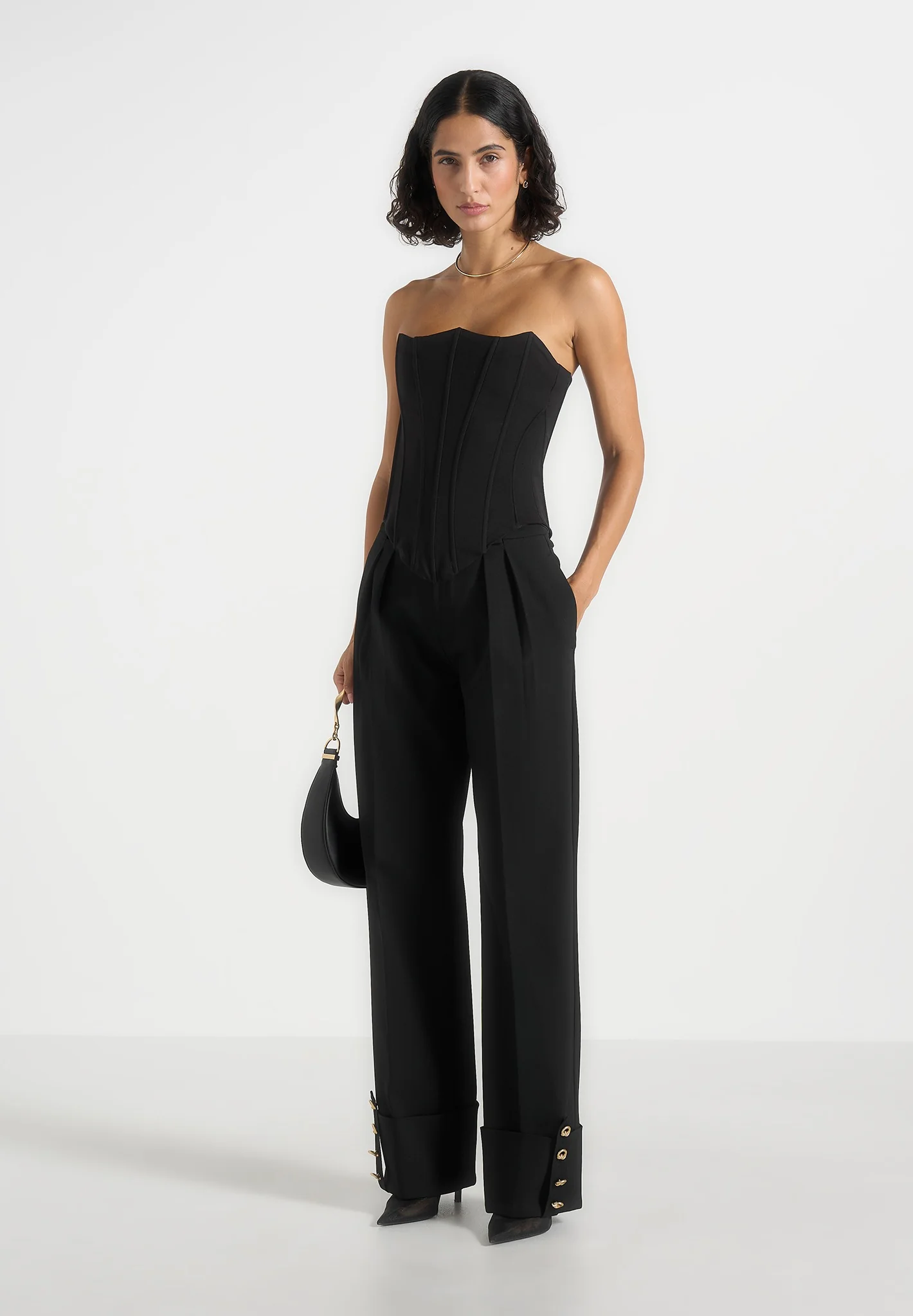 Darlene - Turn Up Detail Tailored Twin Pleat Trousers - Black - Image 3