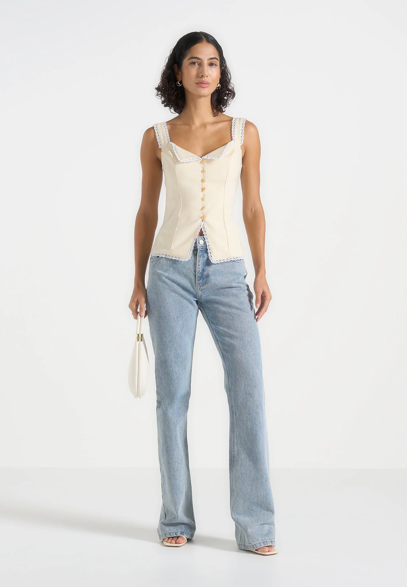 Delia - Linen Lace Trim Corset Cami Top - Pale Yellow - Image 3