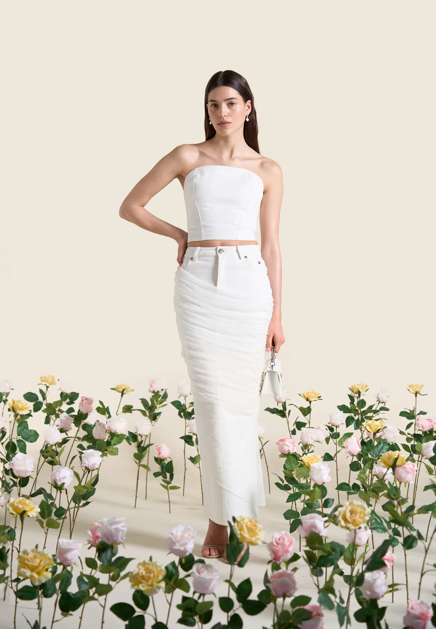Draped Mesh Denim Maxi Skirt - White - Image 3