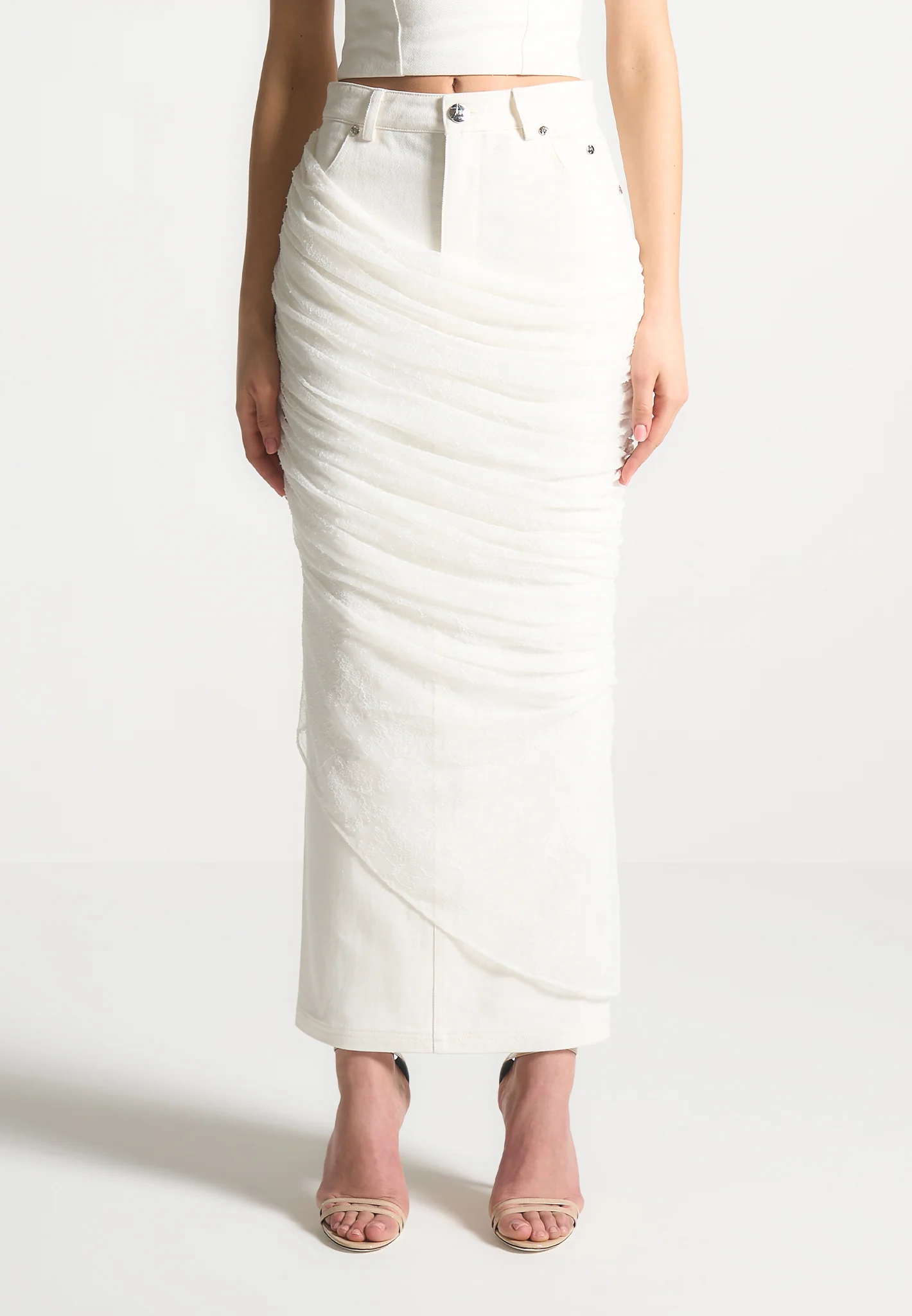 Draped Mesh Denim Maxi Skirt - White - Image 4