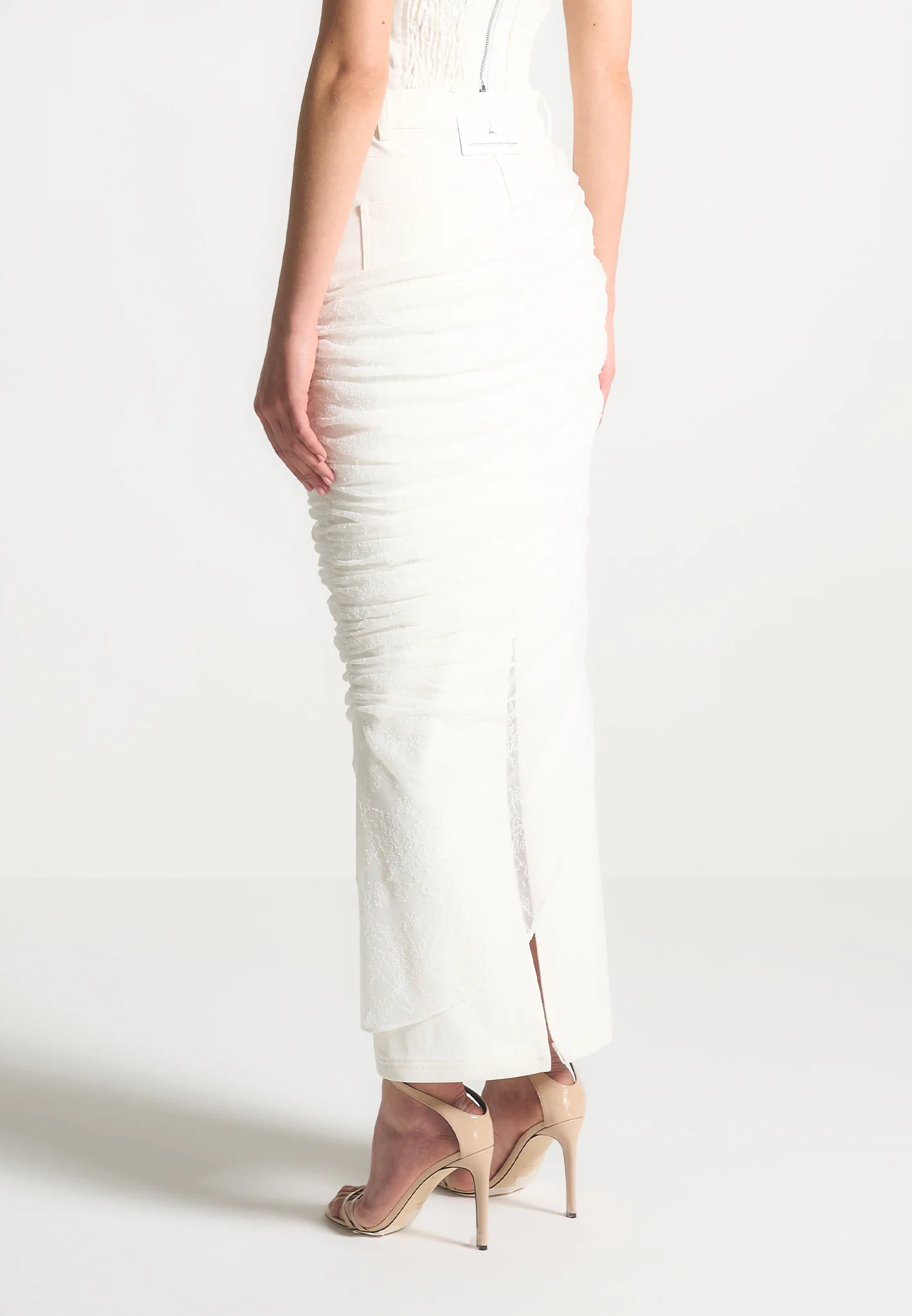 Draped Mesh Denim Maxi Skirt - White - Image 5