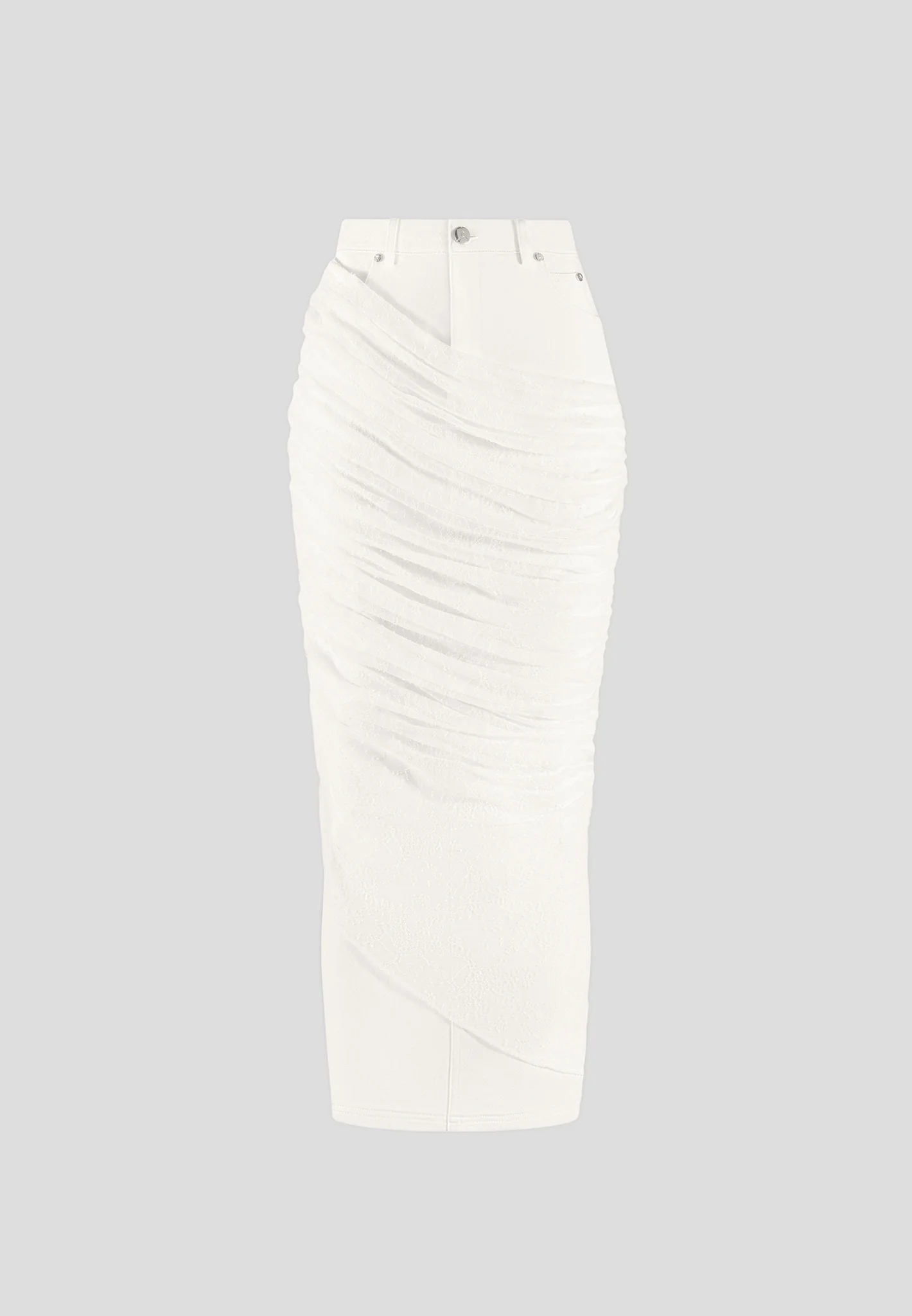 Draped Mesh Denim Maxi Skirt - White - Image 6