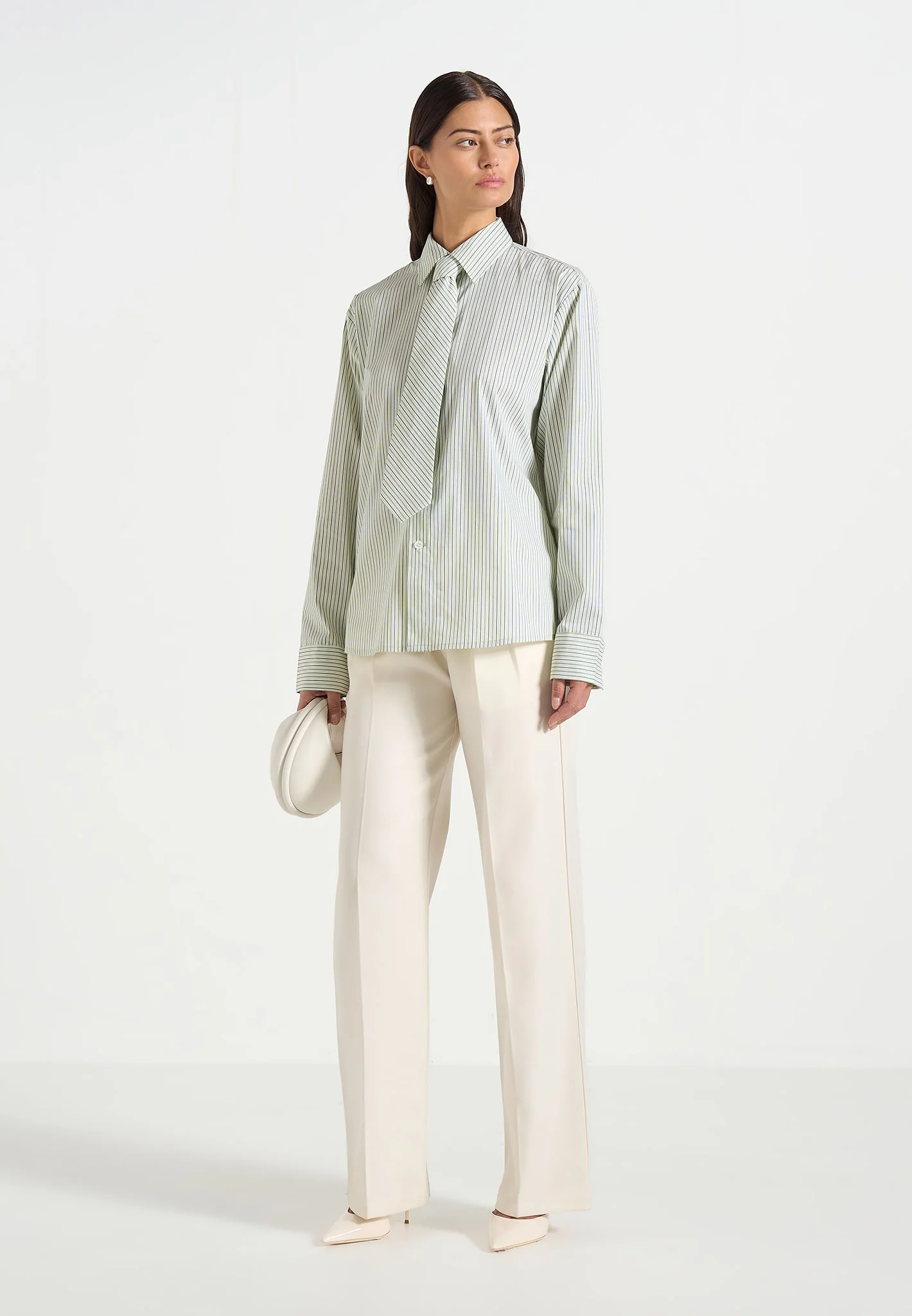 Dylan - Unisex Pinstripe Long Sleeve Shirt With Detachable Tie - Sage