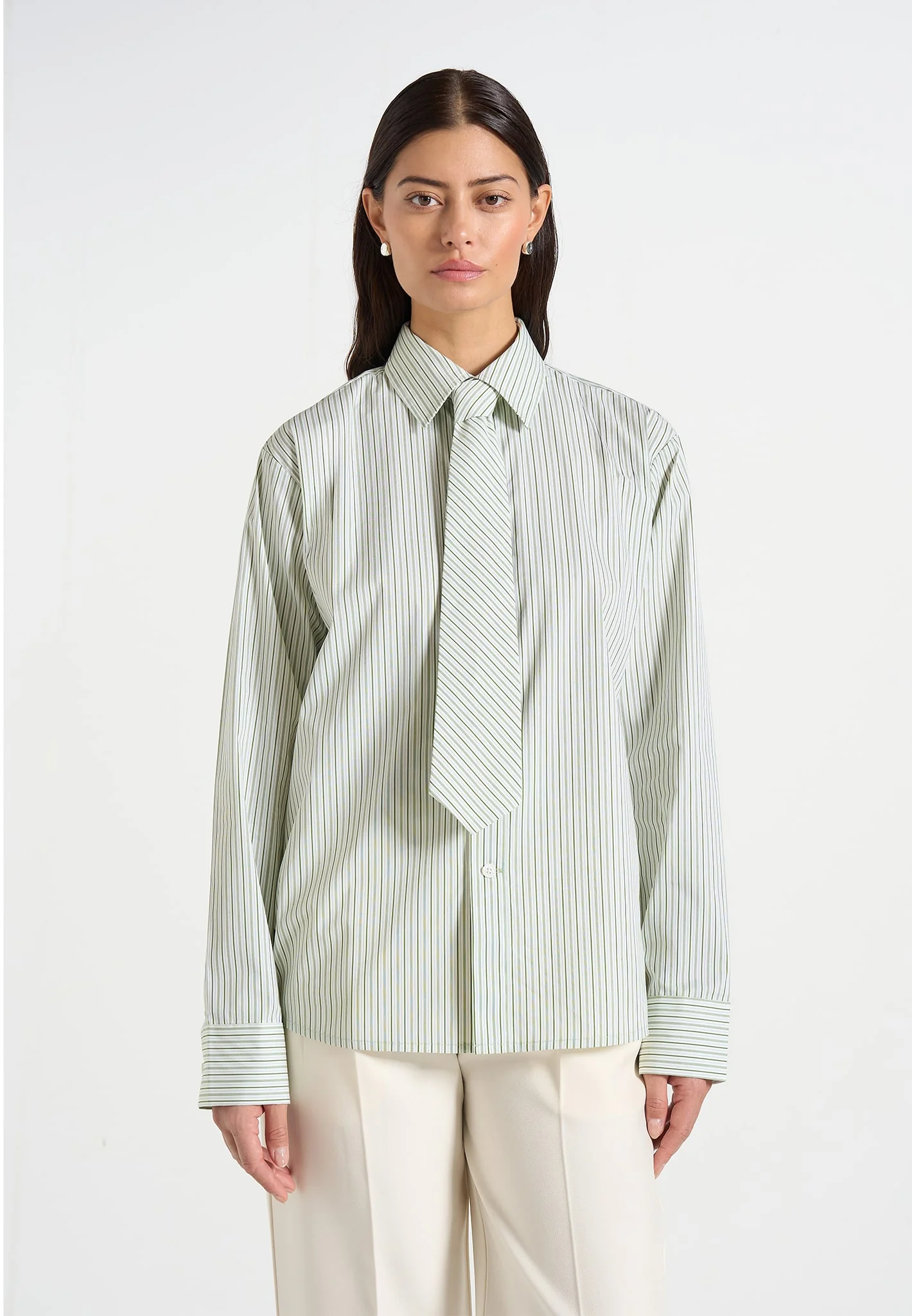 Dylan - Unisex Pinstripe Long Sleeve Shirt With Detachable Tie - Sage - Image 3