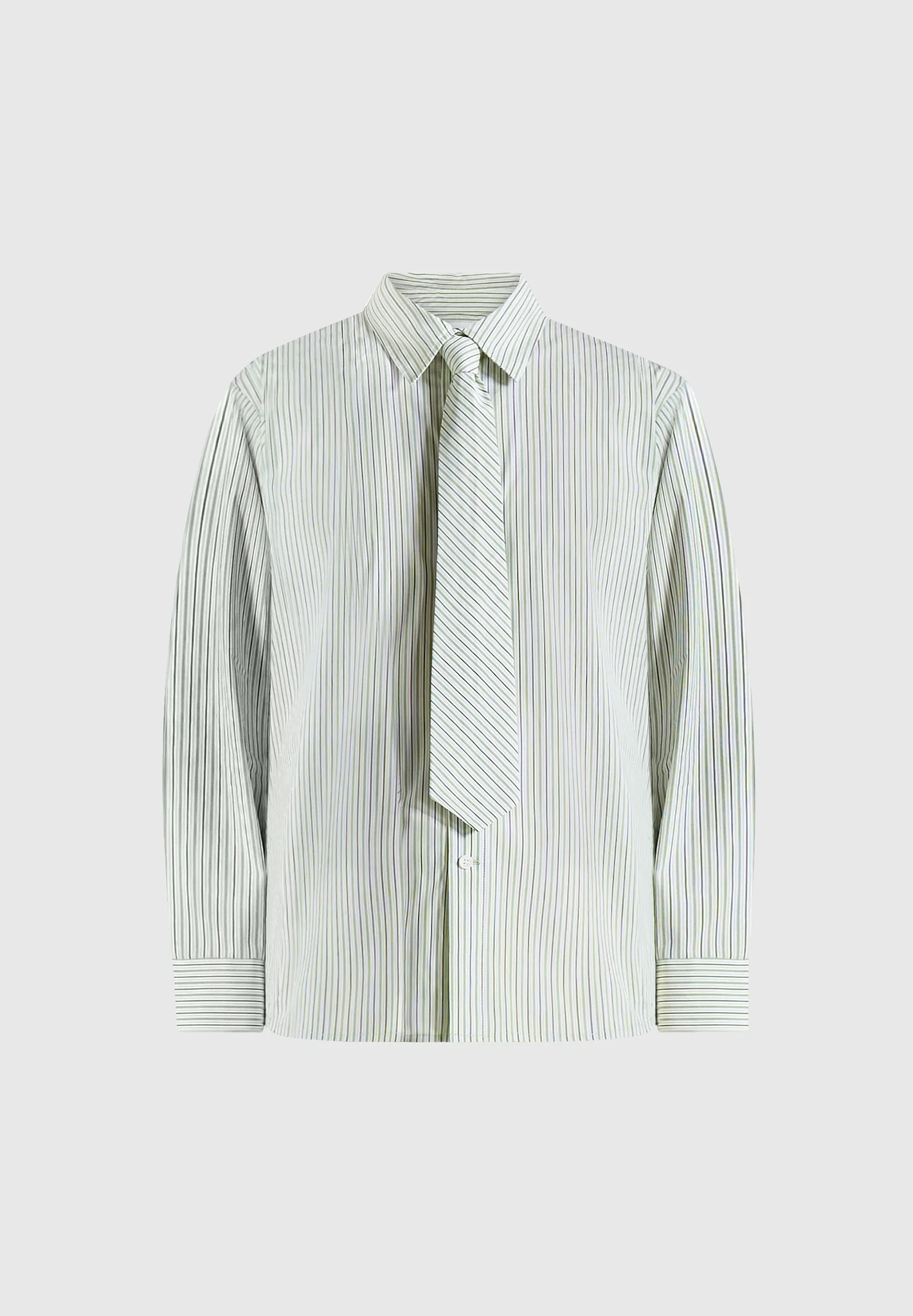 Dylan - Unisex Pinstripe Long Sleeve Shirt With Detachable Tie - Sage - Image 8