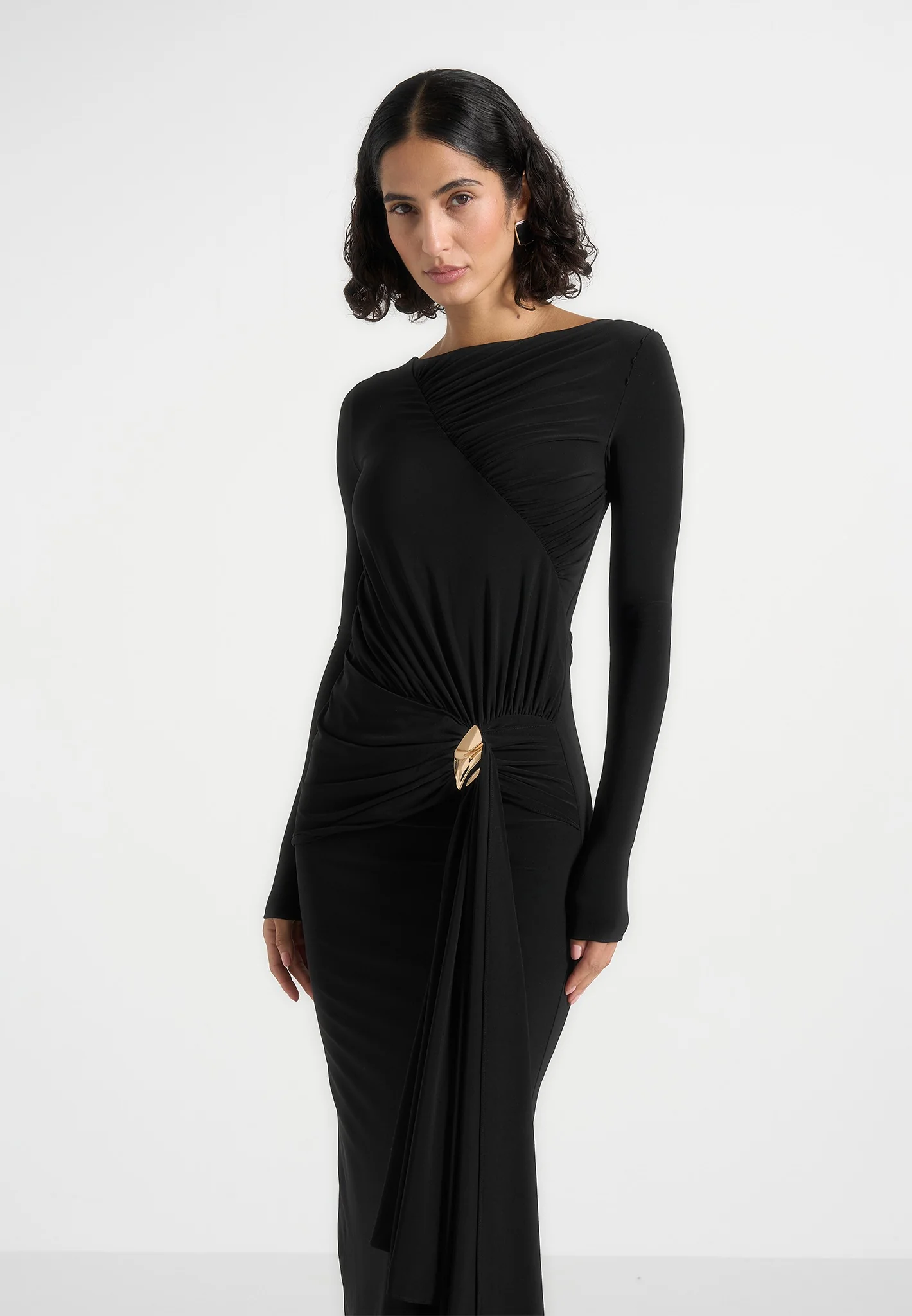 Edena - Asym Ruched Draped Maxi Dress - Black - Image 3