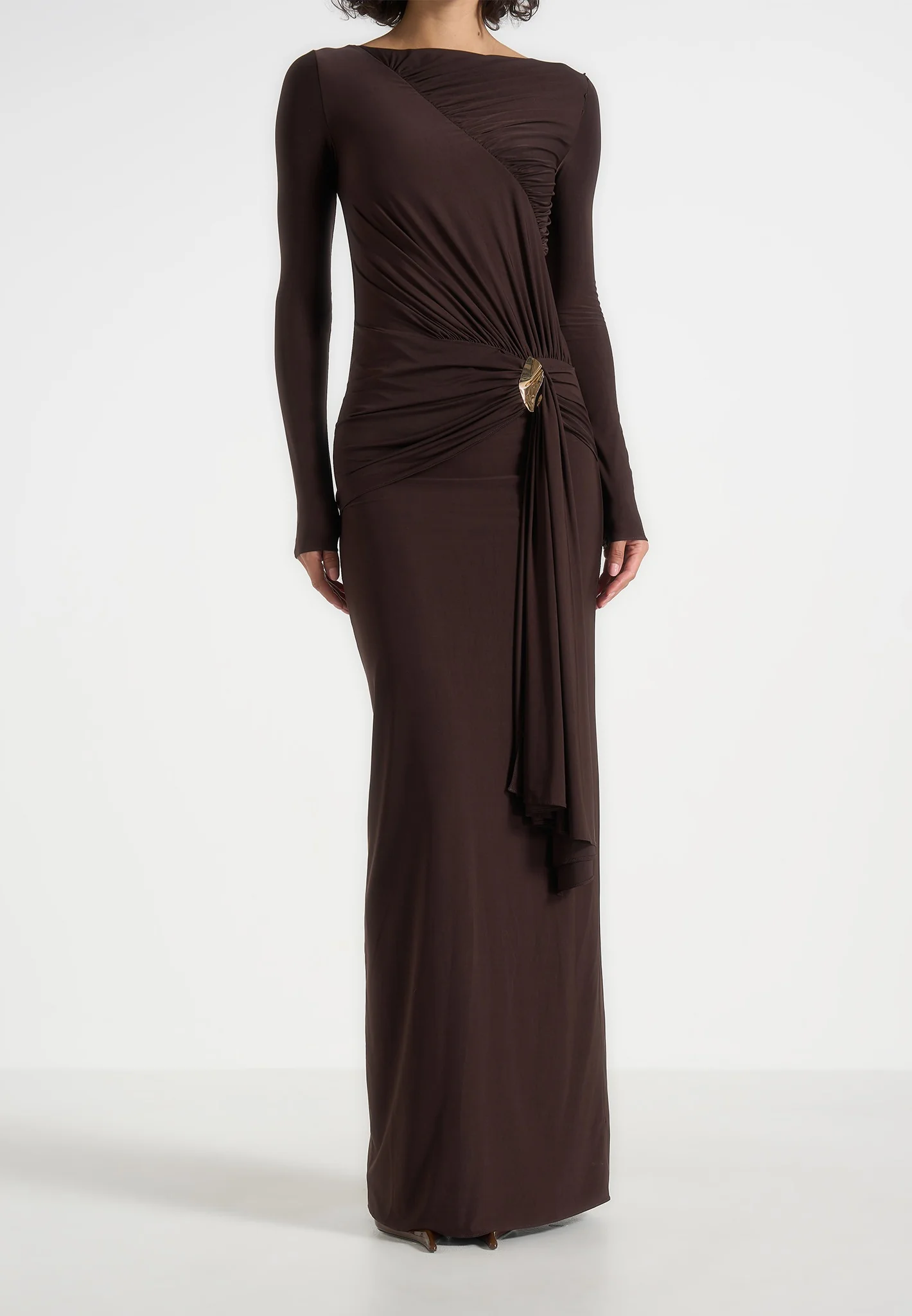 Edena - Asymmetric Ruched Draped Maxi Dress - Brown - Image 5