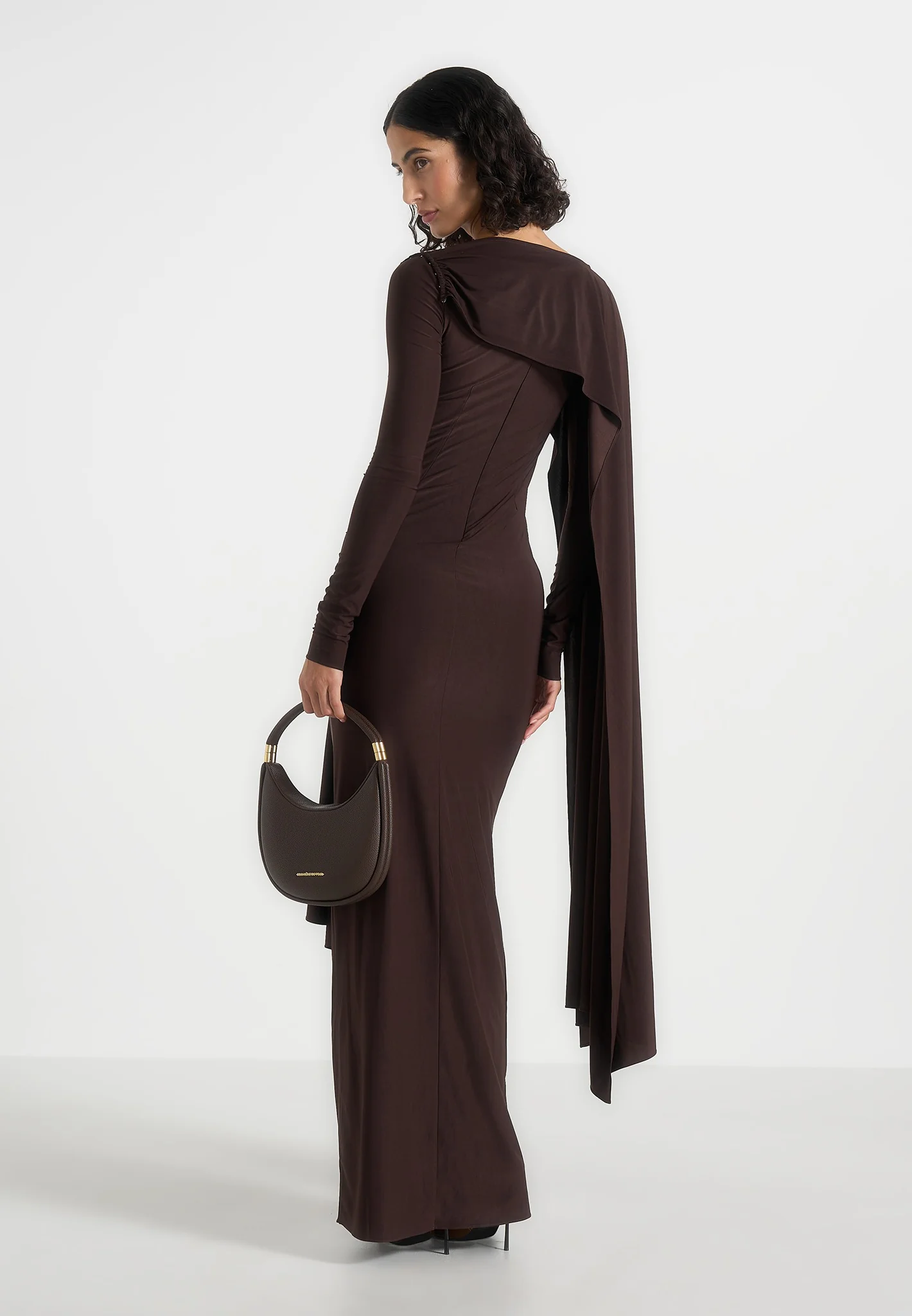 Edena - Asymmetric Ruched Draped Maxi Dress - Brown - Image 6