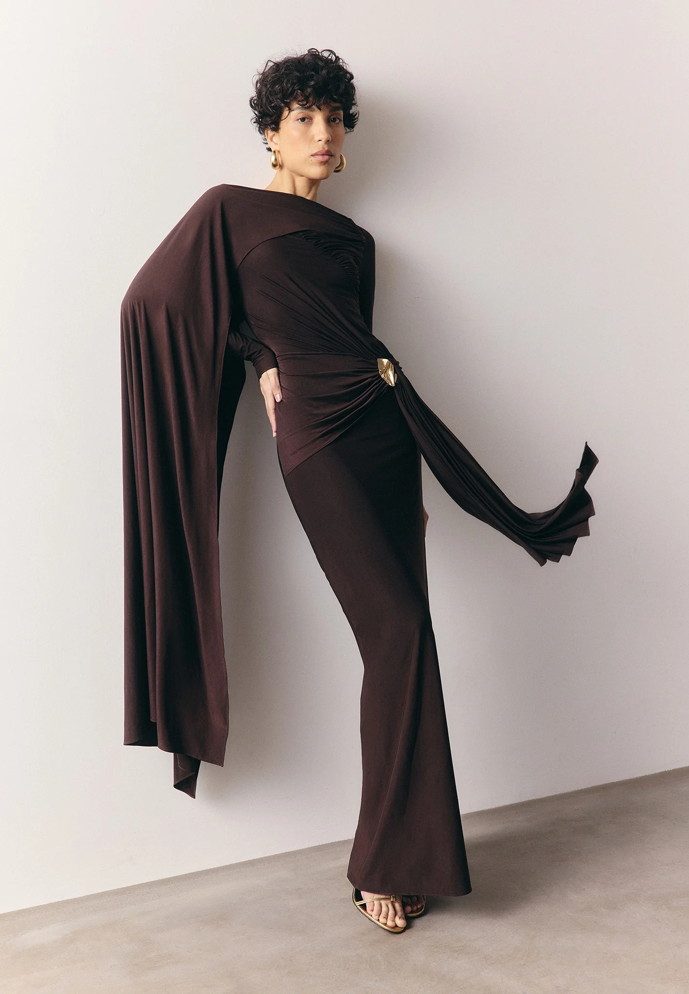 Edena - Asymmetric Ruched Draped Maxi Dress - Brown - Image 7