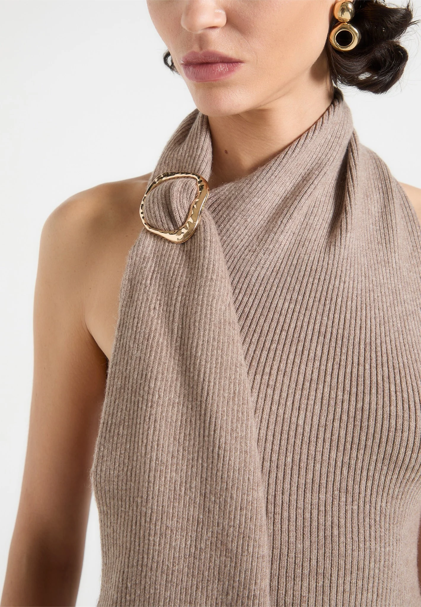 Elodie - Knitted Draped Halterneck Top - Taupe - Image 3