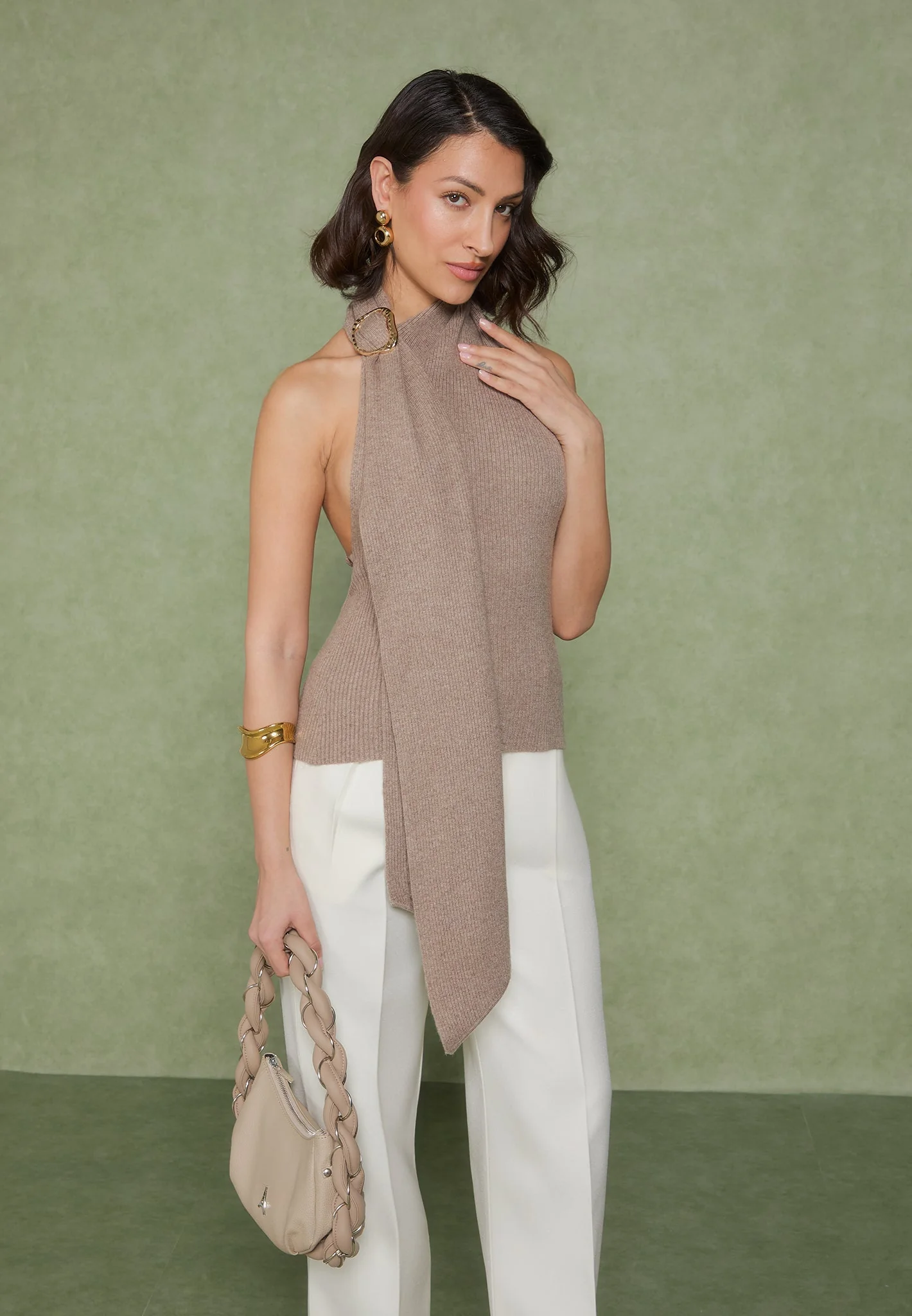 Elodie - Knitted Draped Halterneck Top - Taupe - Image 5