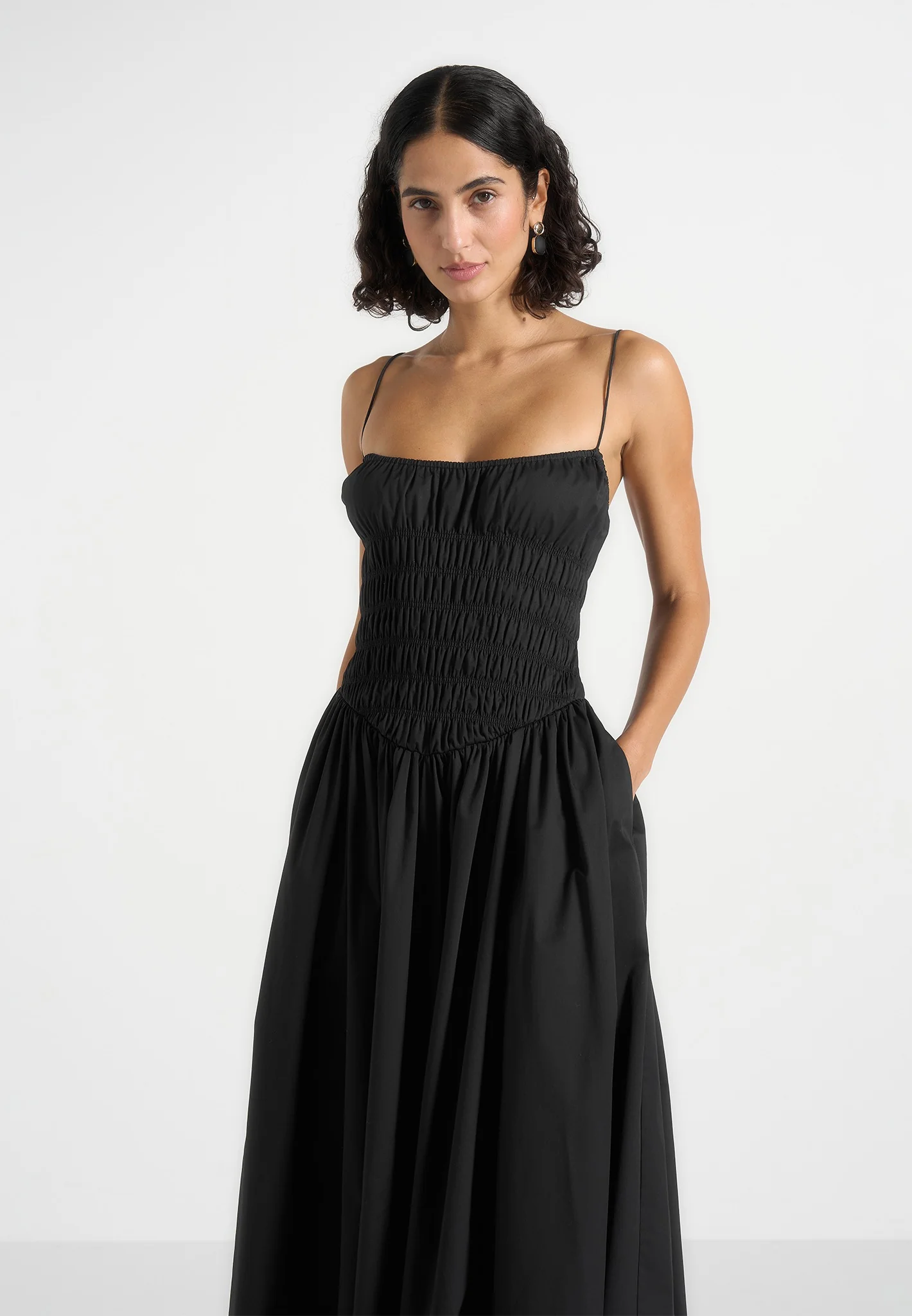 Elva - Smocked Waist Cotton Maxi Dress - Black - Image 3
