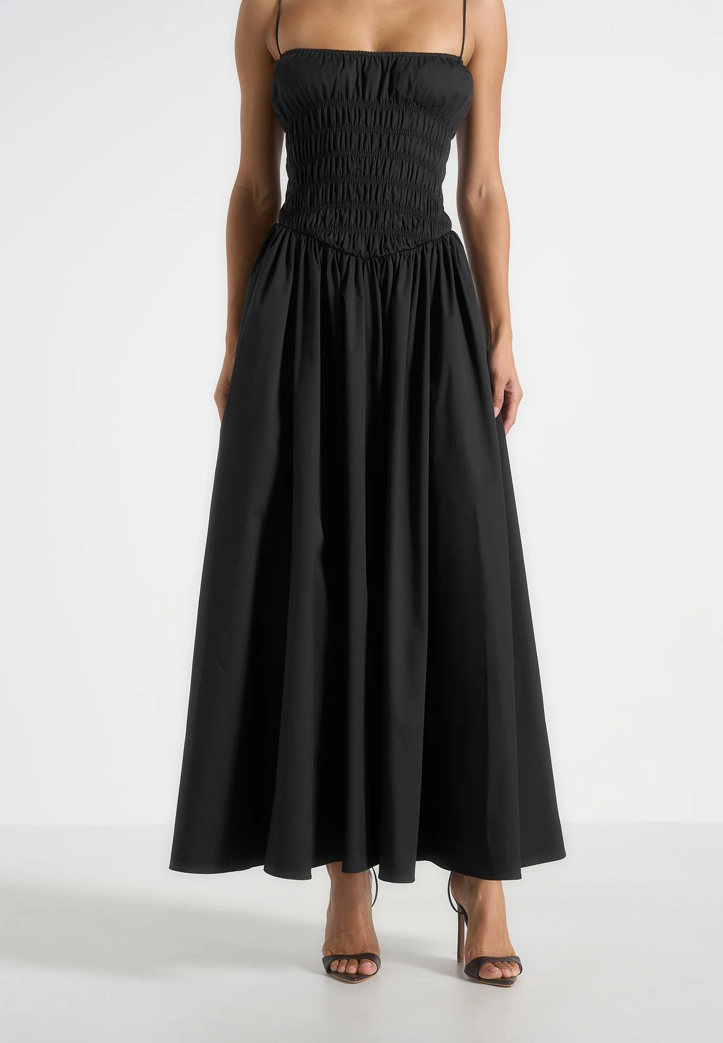 Elva - Smocked Waist Cotton Maxi Dress - Black - Image 4