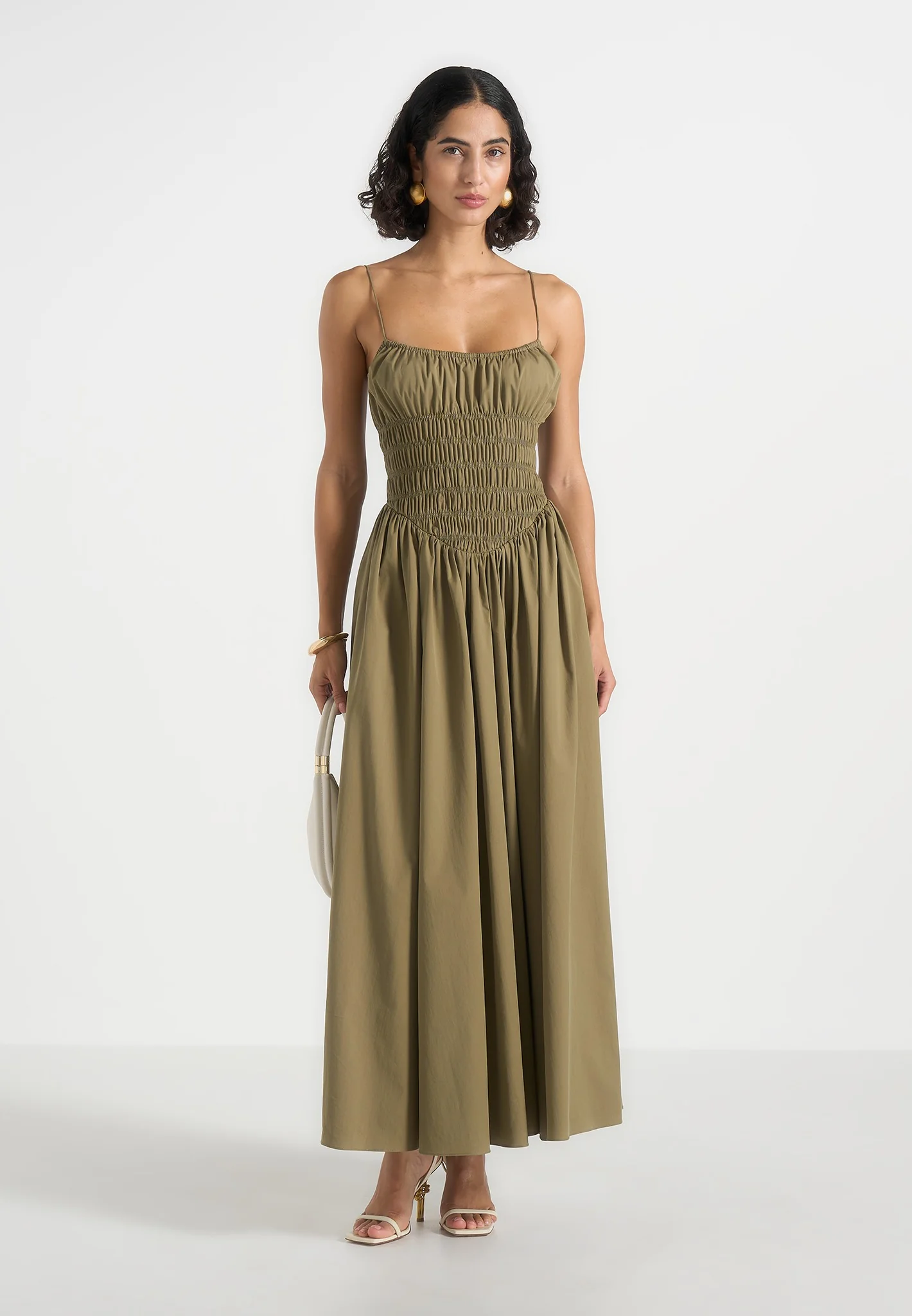 Elva - Smocked Waist Cotton Maxi Dress - Khaki