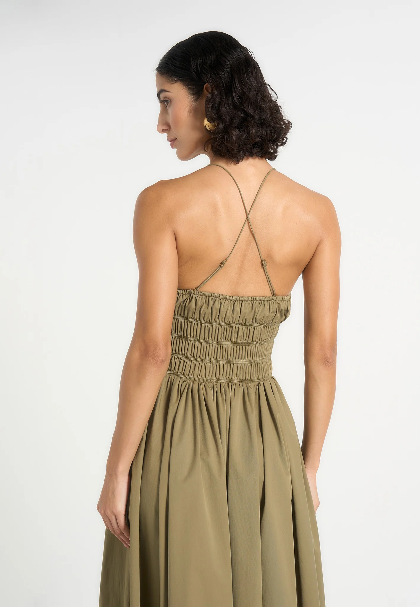Elva - Smocked Waist Cotton Maxi Dress - Khaki - Image 2