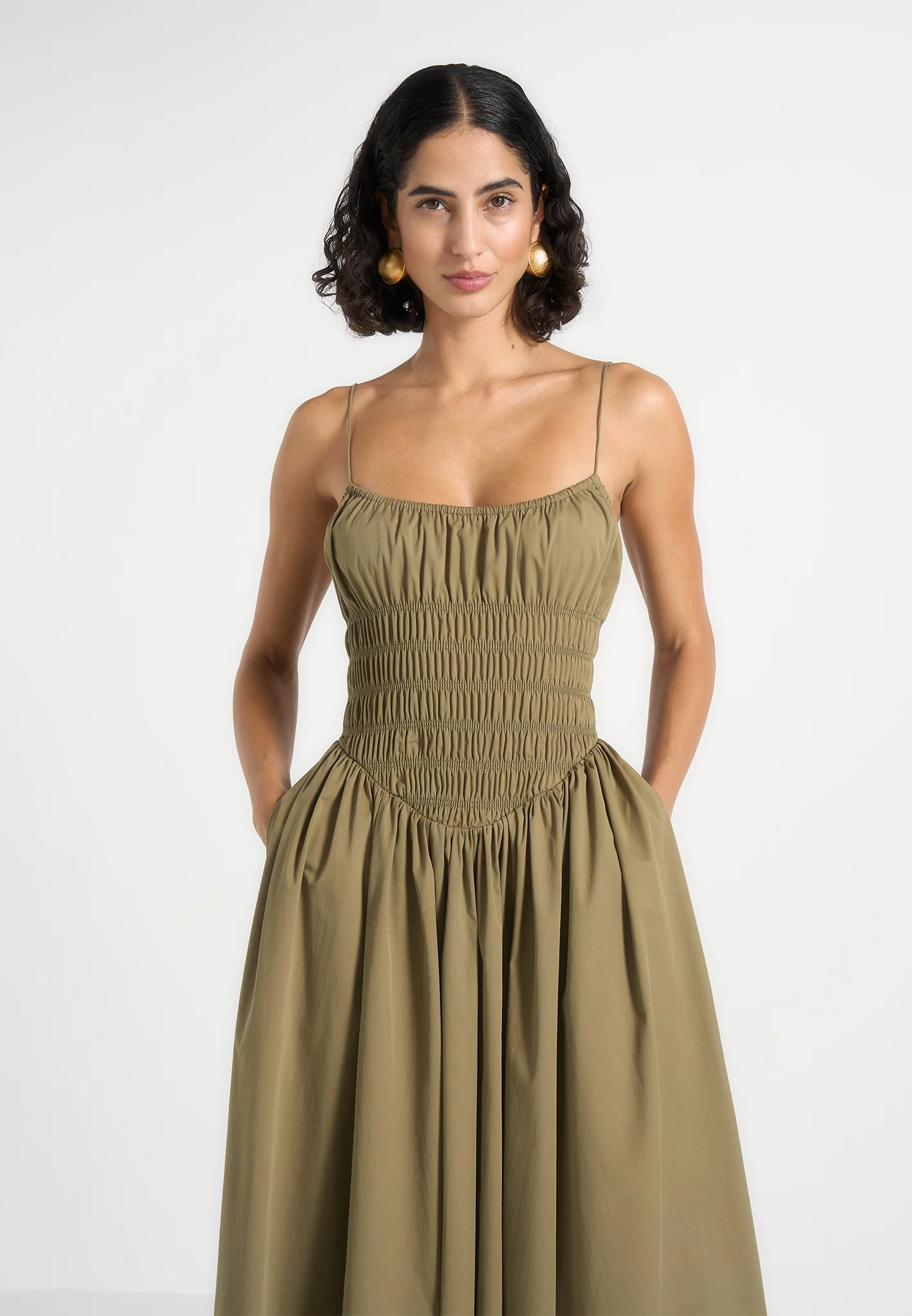 Elva - Smocked Waist Cotton Maxi Dress - Khaki - Image 3