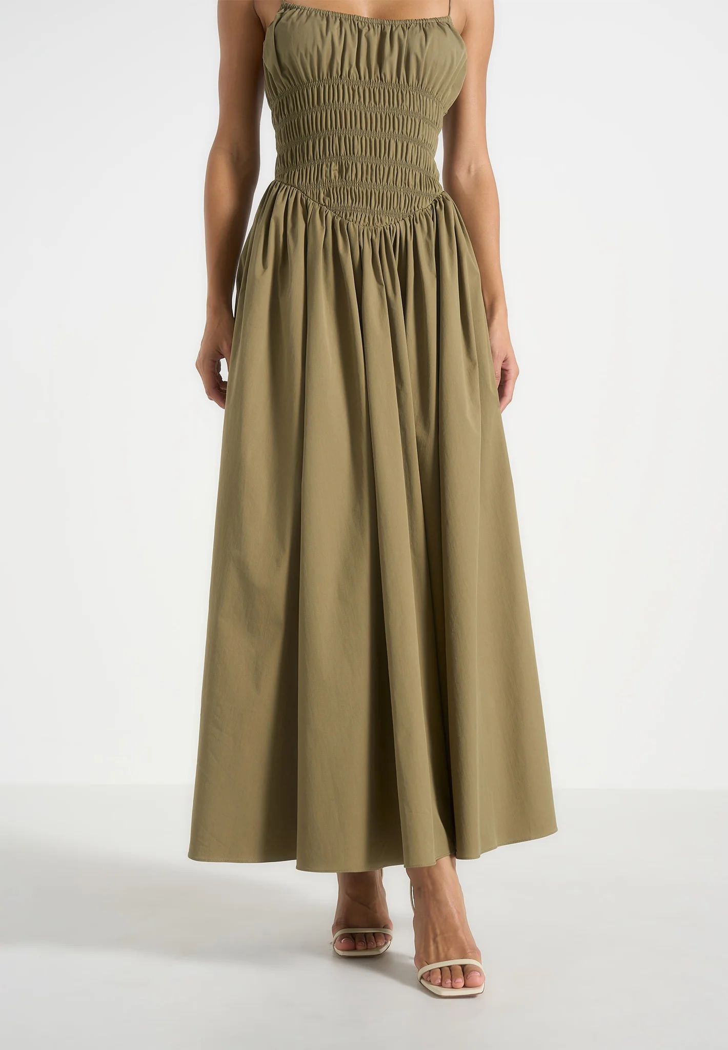 Elva - Smocked Waist Cotton Maxi Dress - Khaki - Image 4