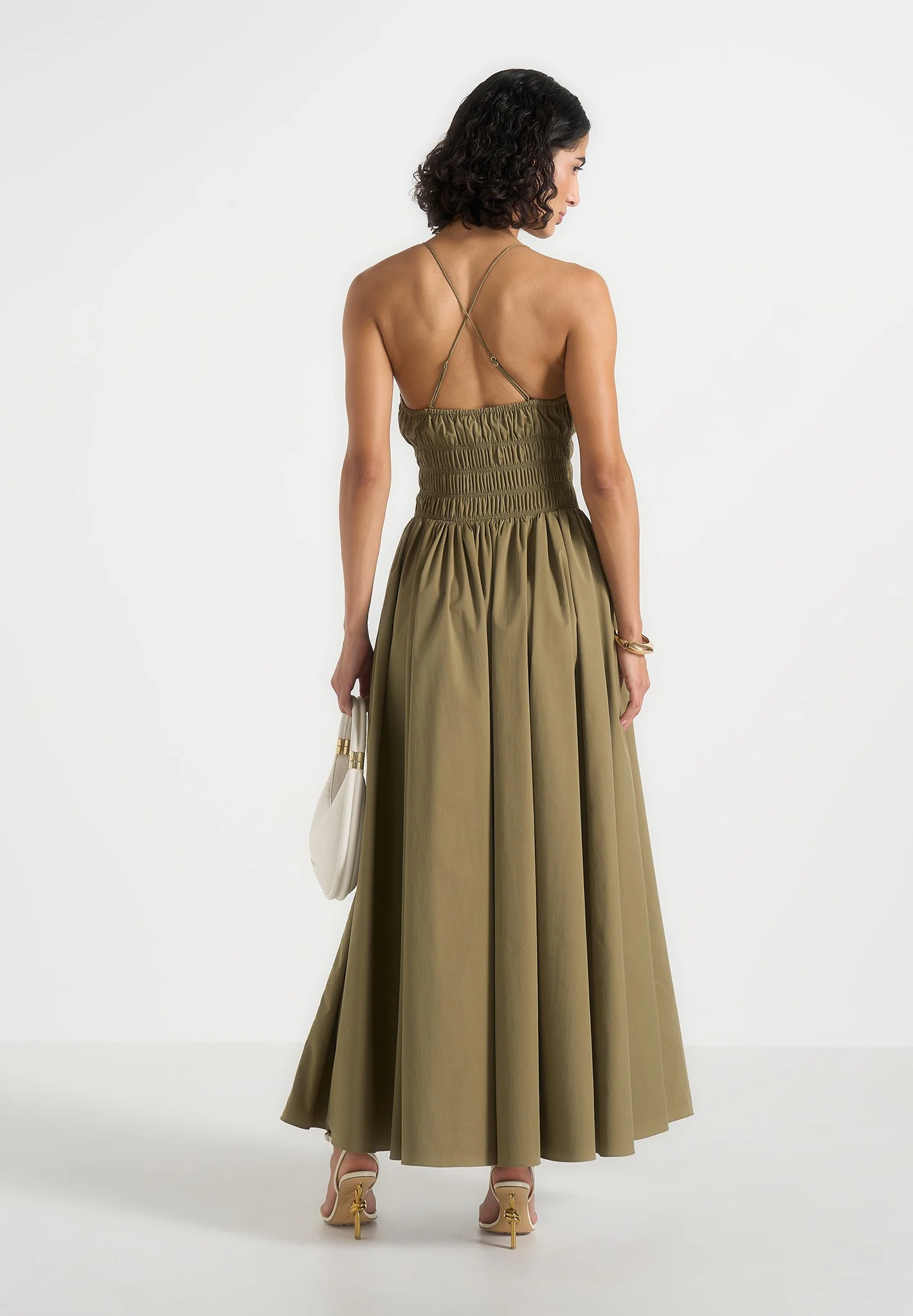 Elva - Smocked Waist Cotton Maxi Dress - Khaki - Image 5