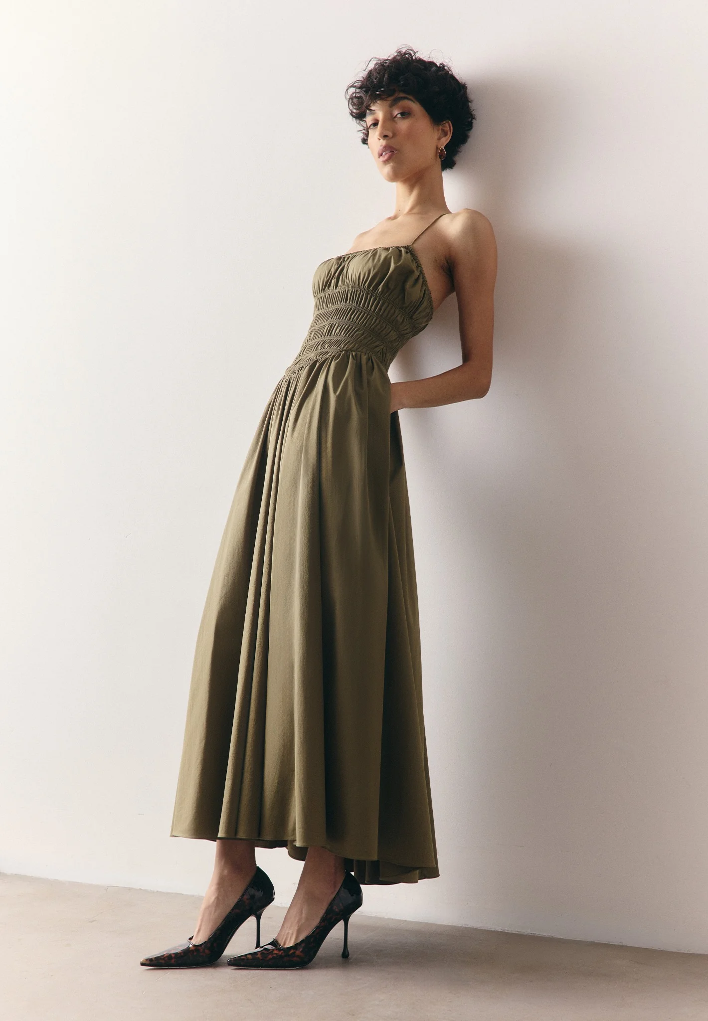 Elva - Smocked Waist Cotton Maxi Dress - Khaki - Image 6