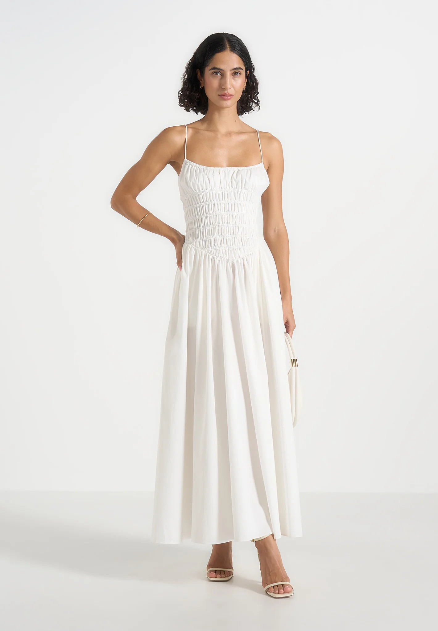 Elva - Smocked Waist Cotton Maxi Dress - White