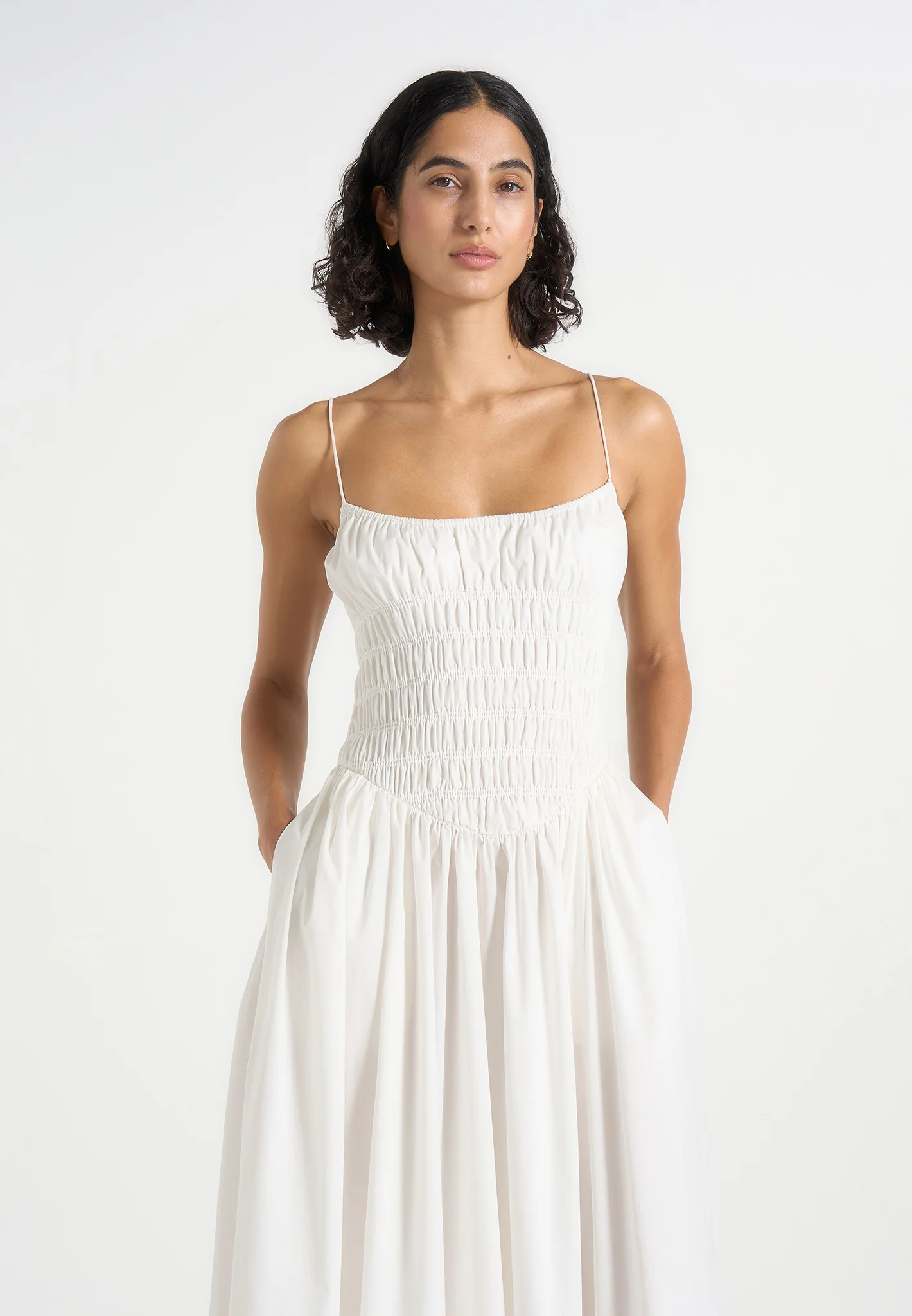 Elva - Smocked Waist Cotton Maxi Dress - White - Image 3