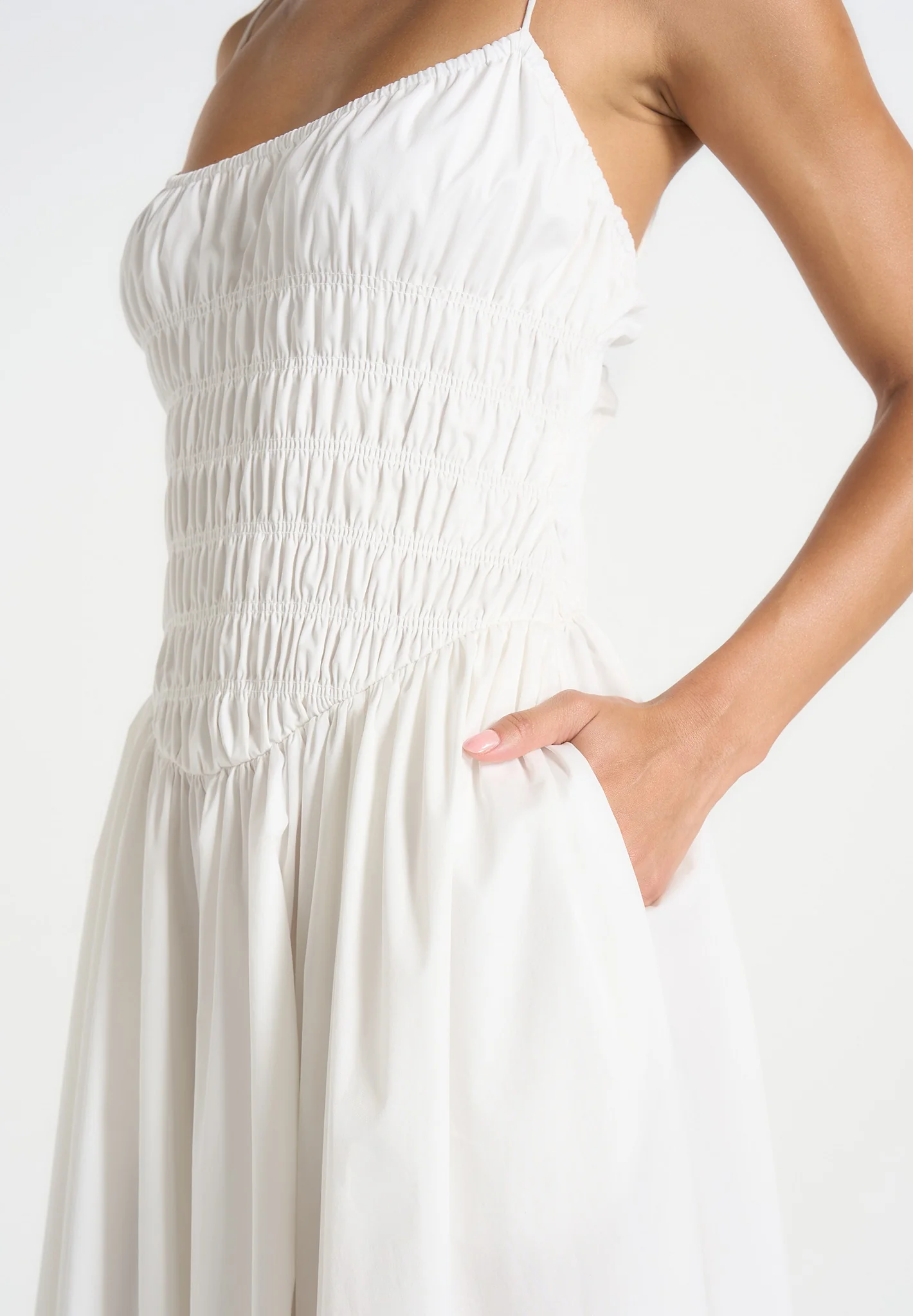 Elva - Smocked Waist Cotton Maxi Dress - White - Image 4