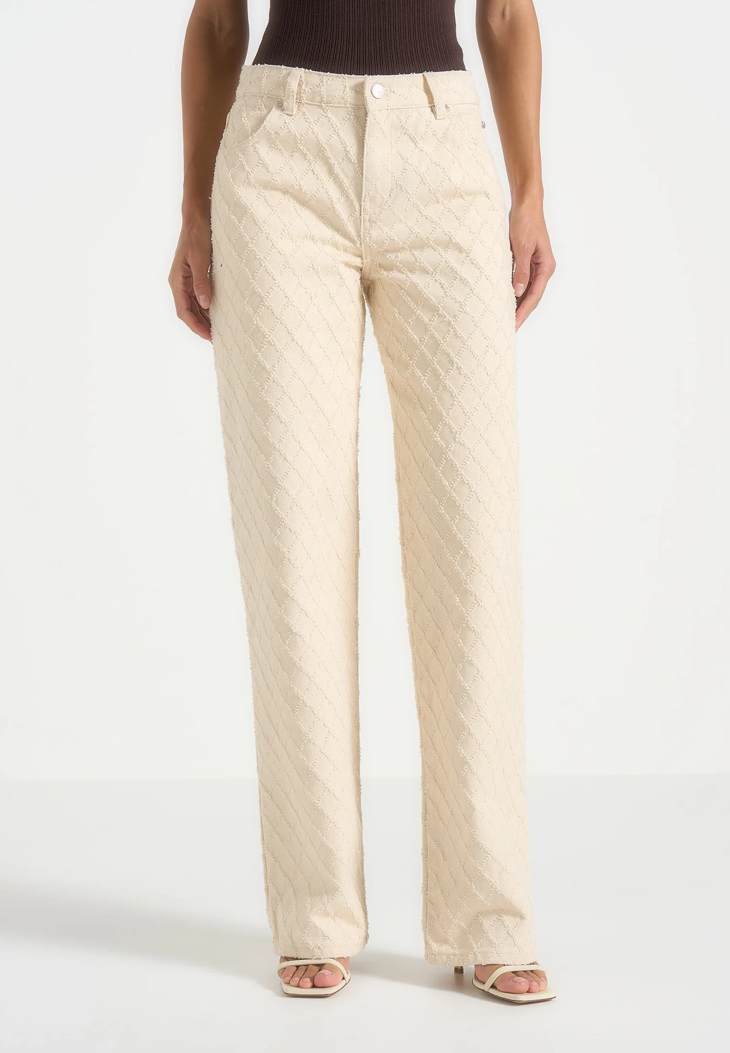 Elyssa - Diamond Stitch Denim Jeans - Cream