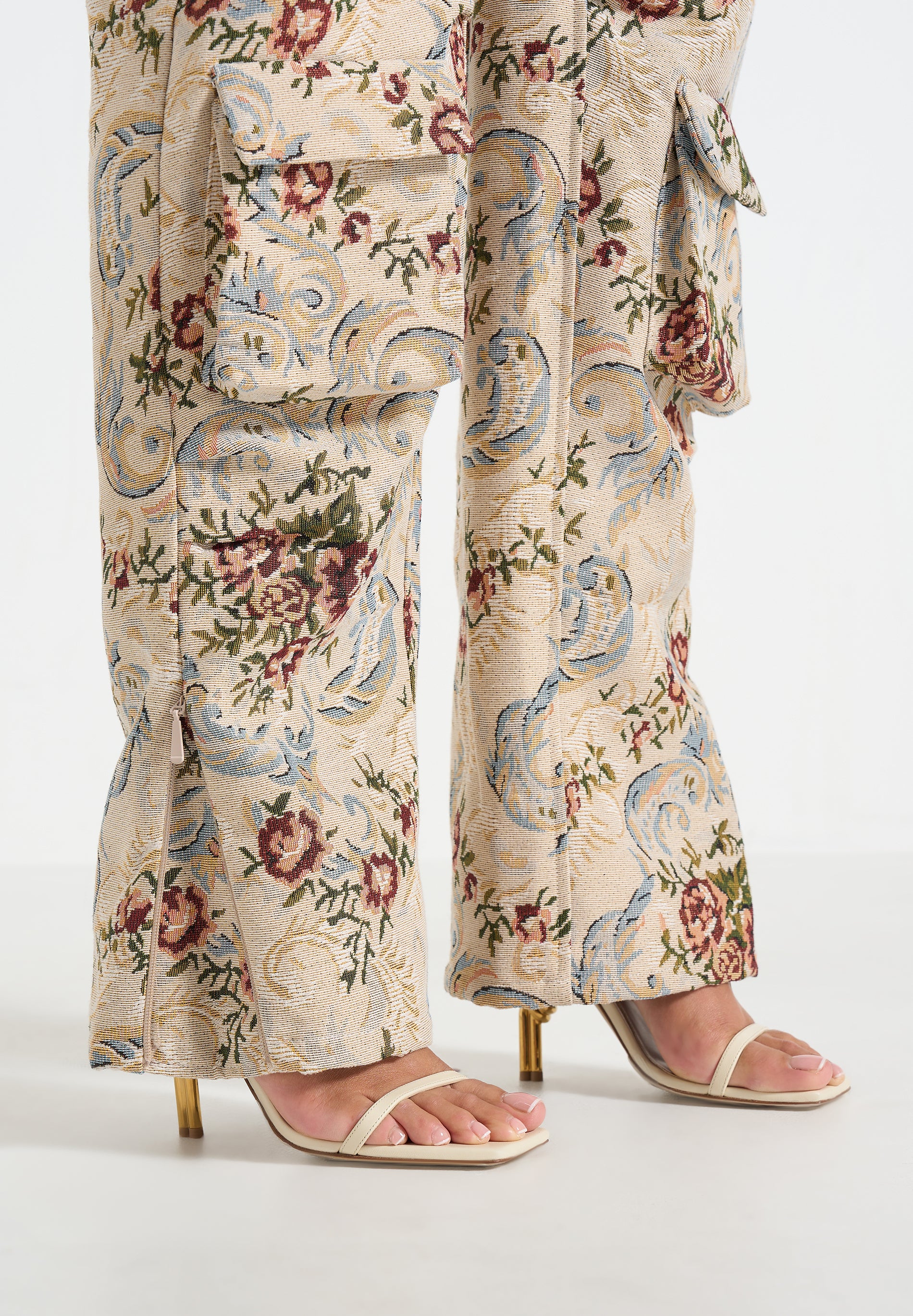 Emilie - High Waisted Tapestry Cargo Pants - Beige - Image 2