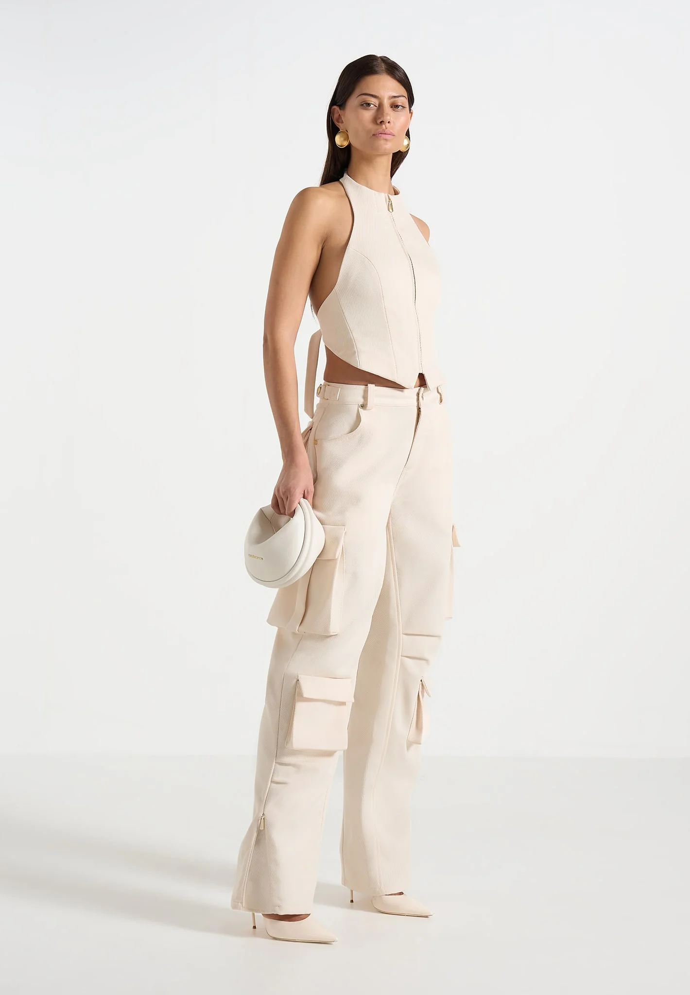 Emilie - High Waisted Twill Cargo Pants - Cream - Image 2
