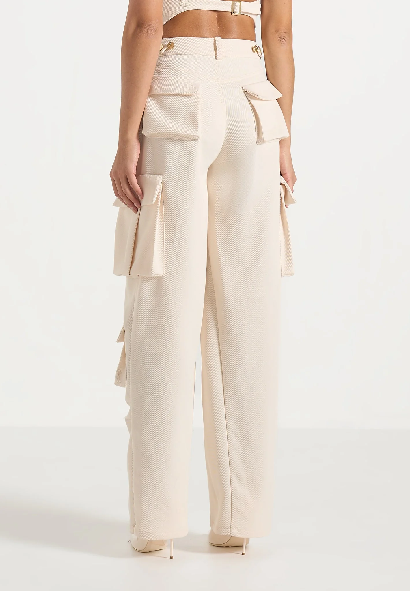 Emilie - High Waisted Twill Cargo Pants - Cream - Image 4