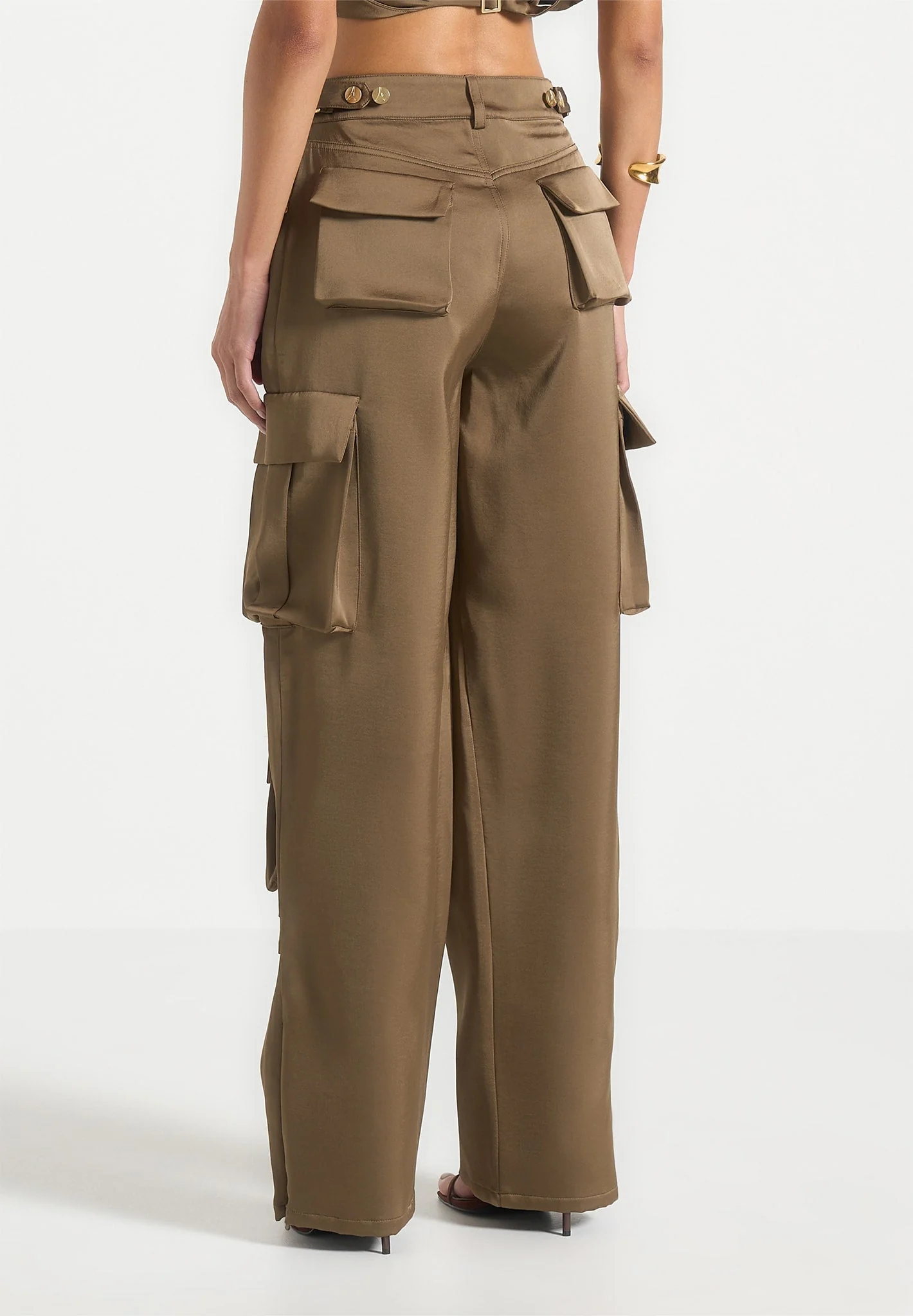 Emilie - Satin High Waisted Cargo Pants - Dark Olive - Image 5
