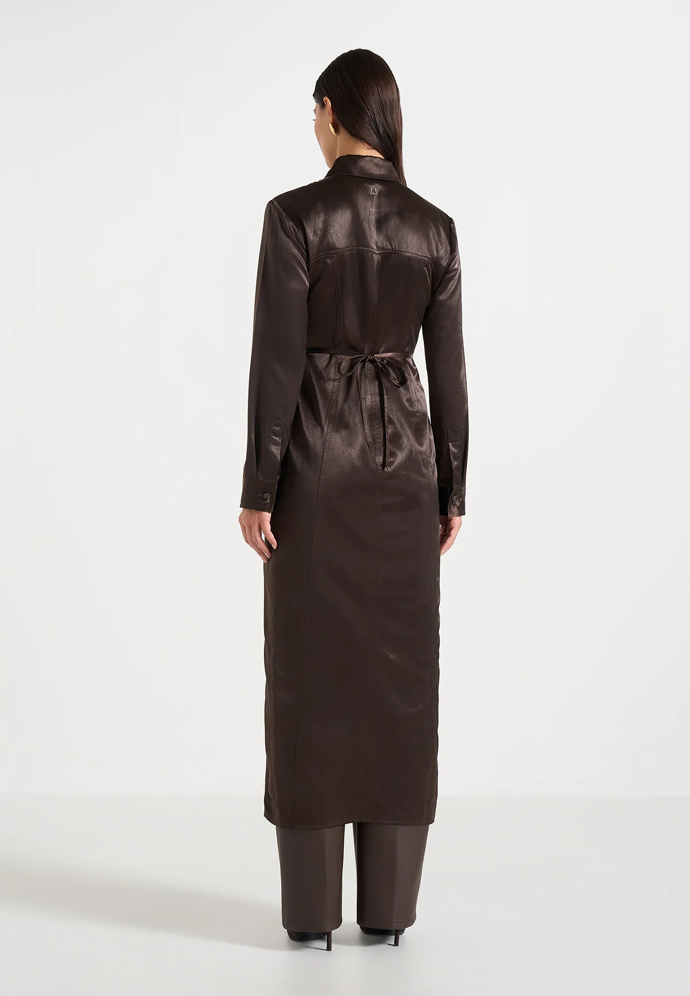 Etta - Crinkled Satin Midi Shirt Dress - Brown - Image 5