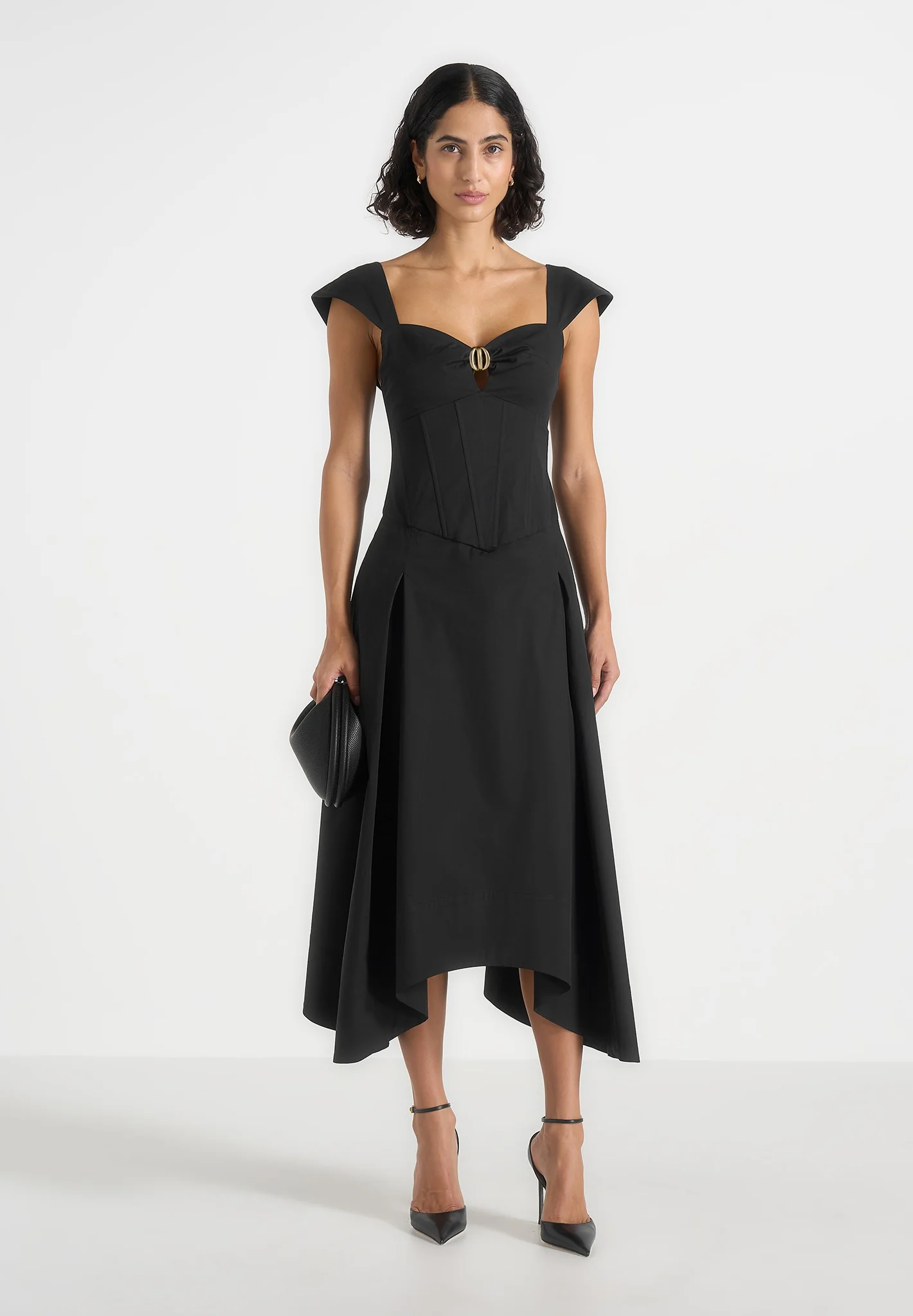 Faith - Cap Sleeve Corset Cotton Midi Dress - Black