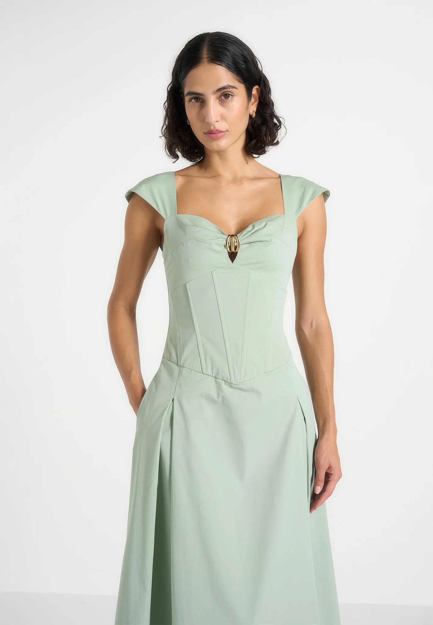 Faith - Cap Sleeve Corset Cotton Midi Dress - Sage - Image 2