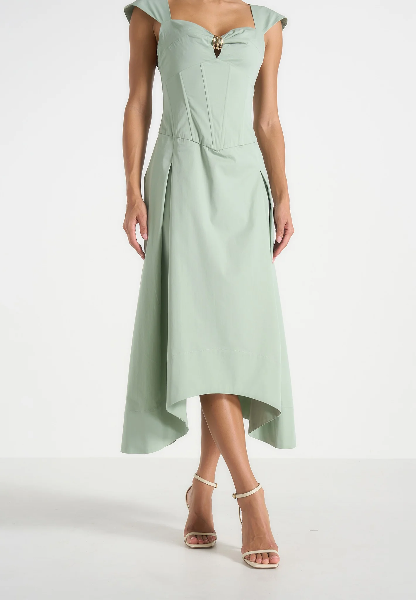 Faith - Cap Sleeve Corset Cotton Midi Dress - Sage - Image 3