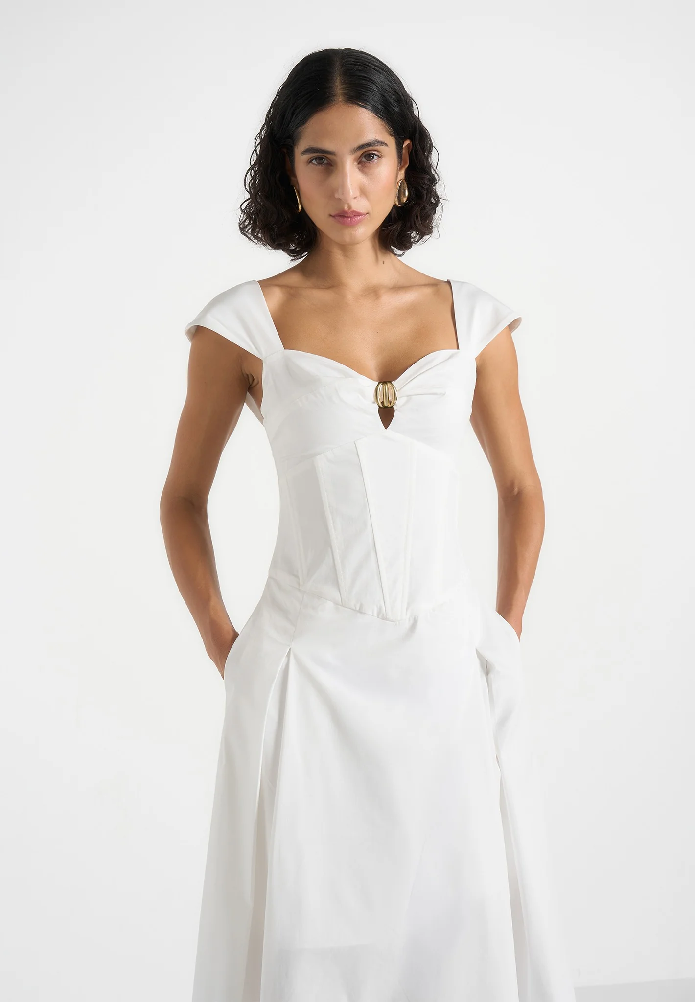Faith - Cap Sleeve Corset Cotton Midi Dress - White - Image 3