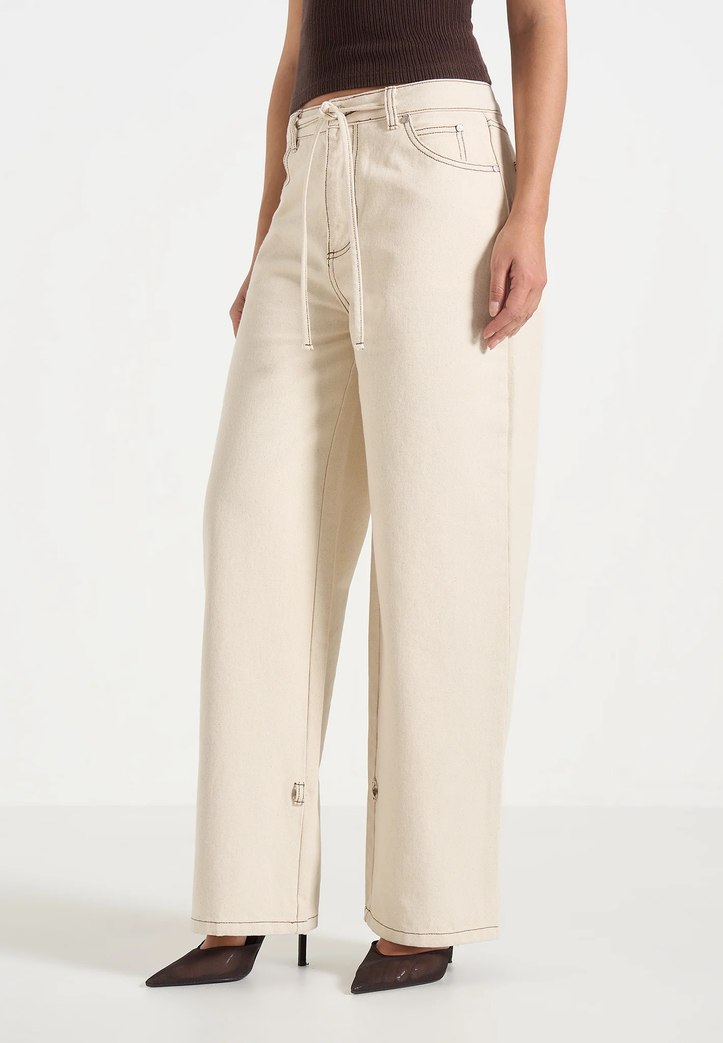 Faye - Wide Mid Rise Jeans With Tie Waist - Cream - Image 6