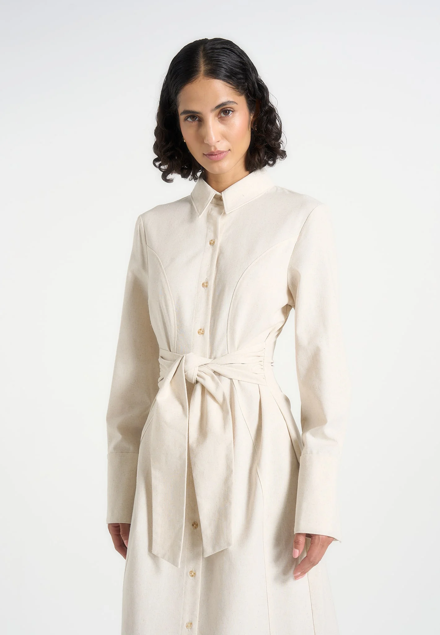 Fern - Linen Midi Shirt Dress With Tie Waist - Natural - Image 3