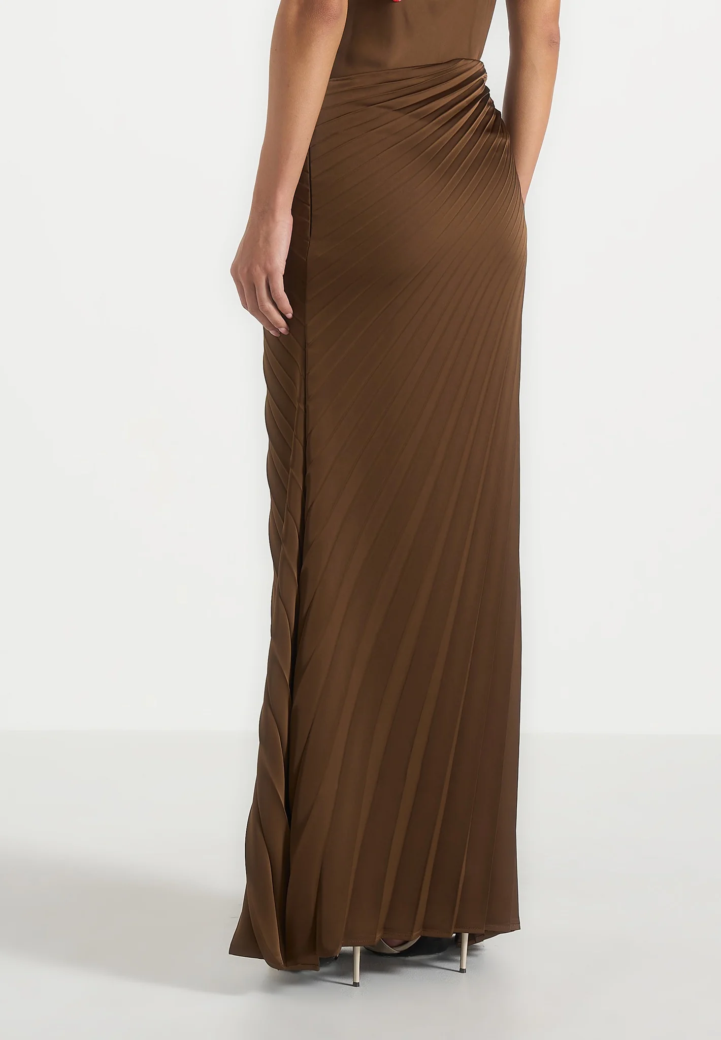 Fiona - Satin Fan Pleat Maxi Skirt - Brown - Image 3