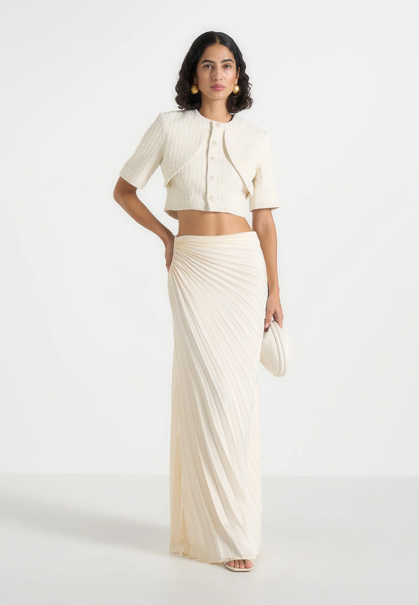 Fiona - Satin Fan Pleat Maxi Skirt - Ivory